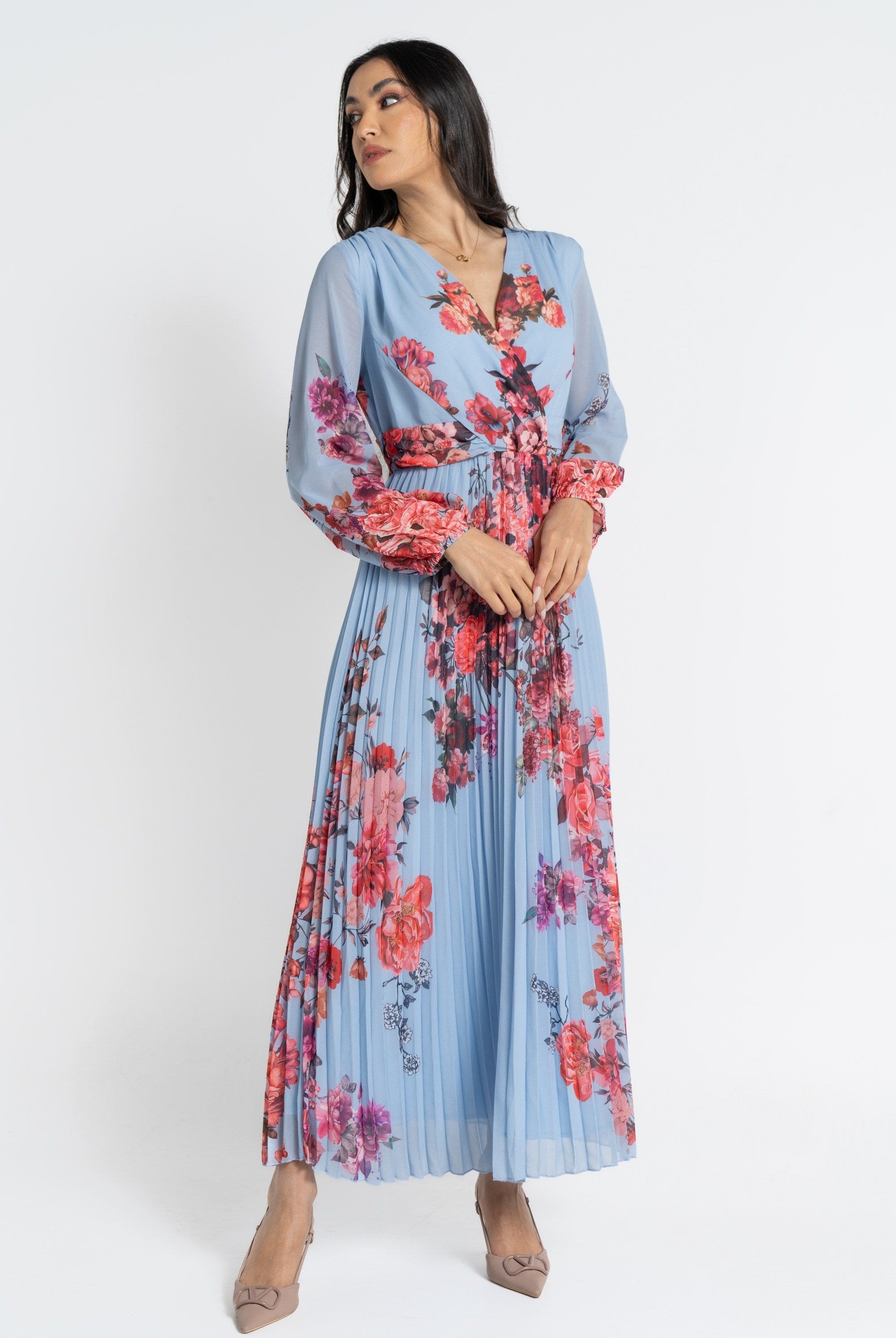 نتشي فستان ماكسي بأكمام طويلة مورد بليسيه نسائي