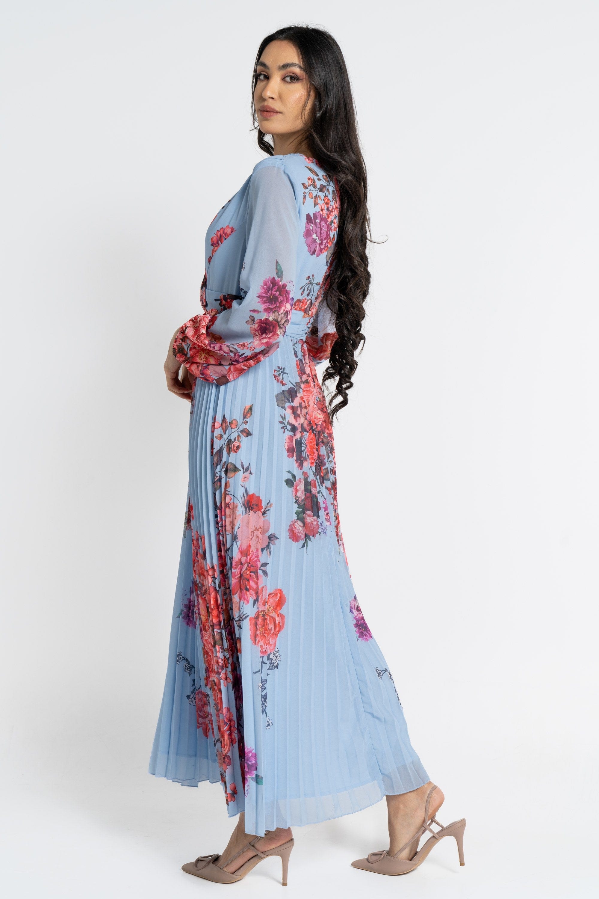 نتشي فستان ماكسي بأكمام طويلة مورد بليسيه نسائي