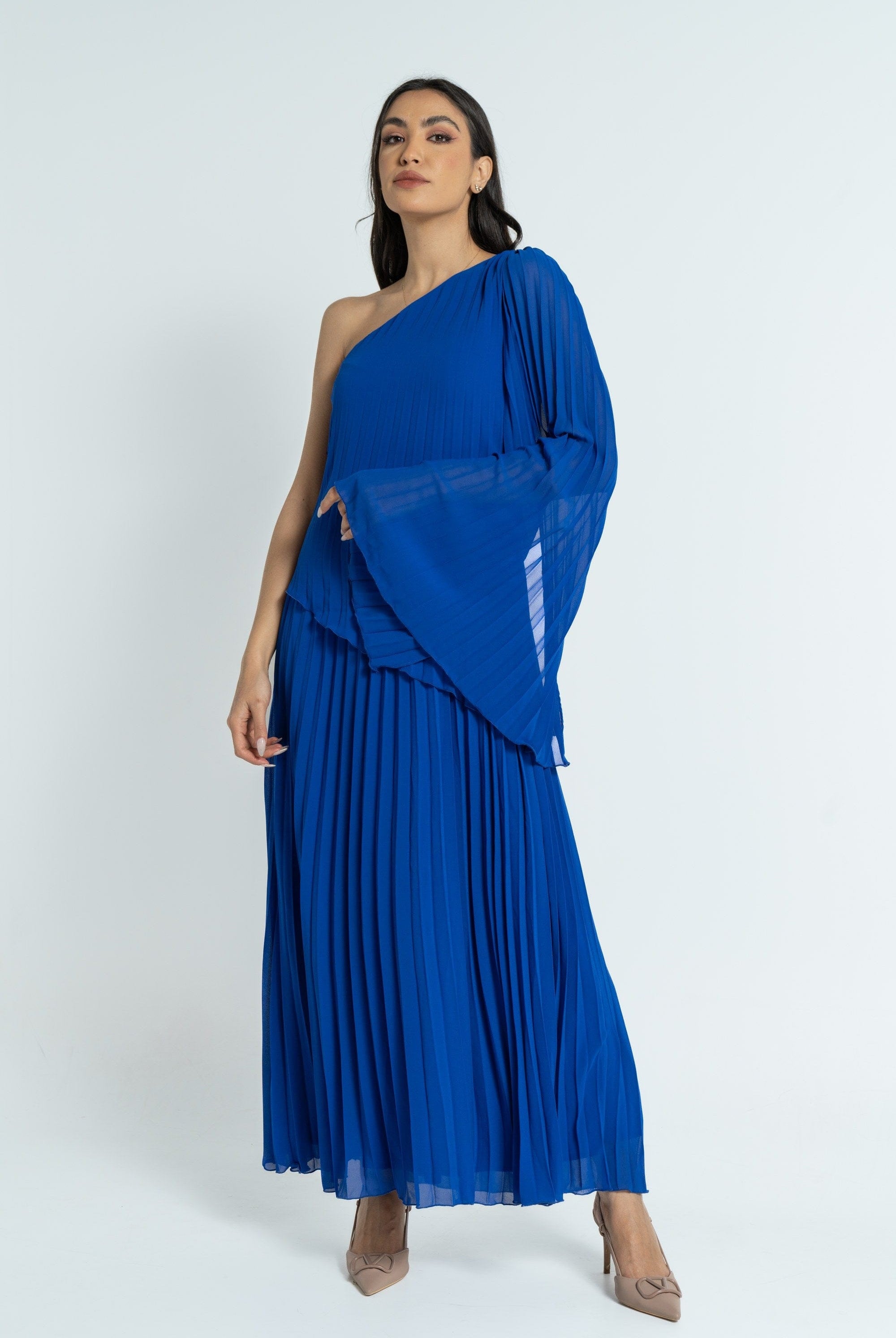 نتشي فستان ماكسي بأكمام فراشة بكسرات نسائي أزرق ملكي