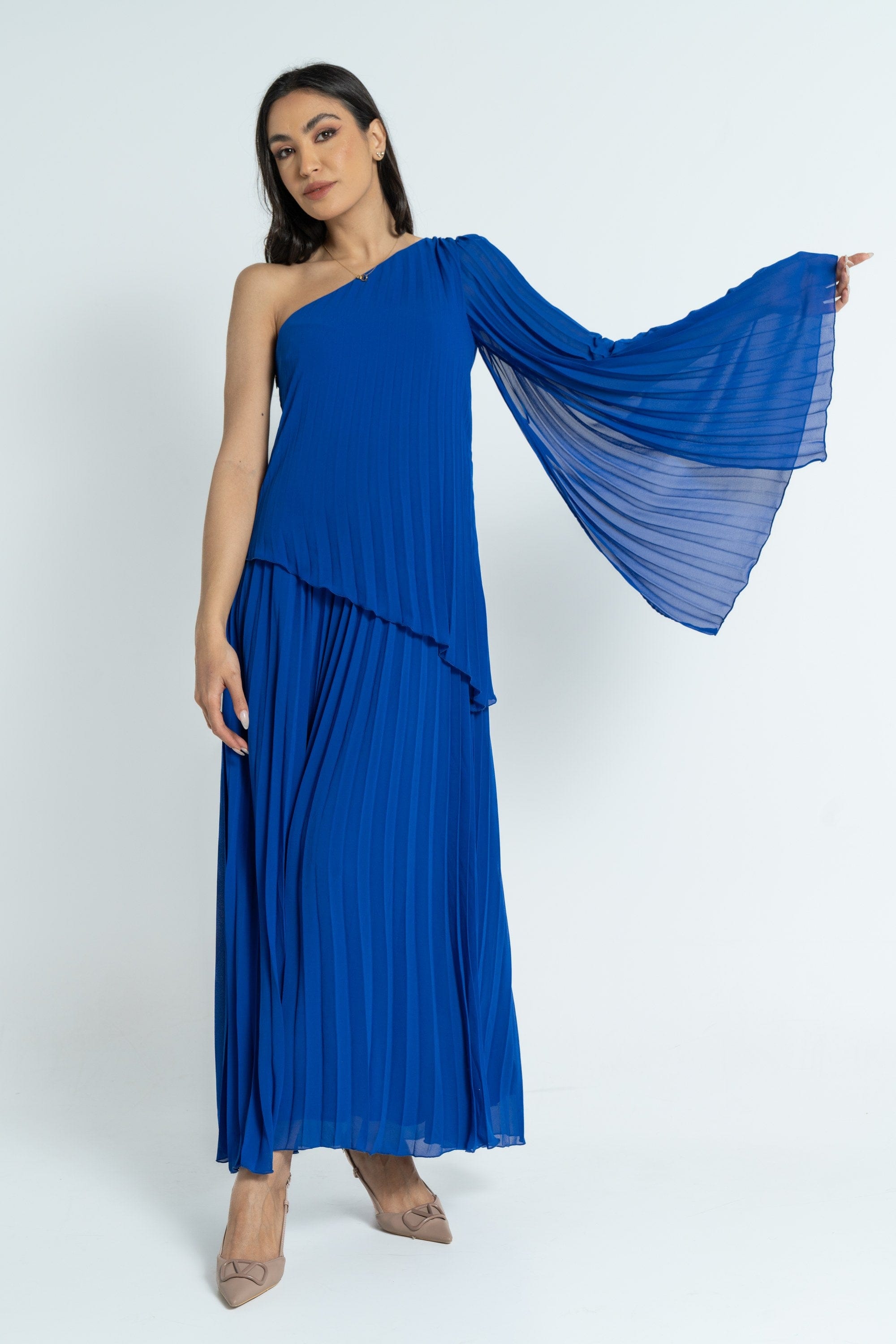 نتشي فستان ماكسي بأكمام فراشة بكسرات نسائي أزرق ملكي