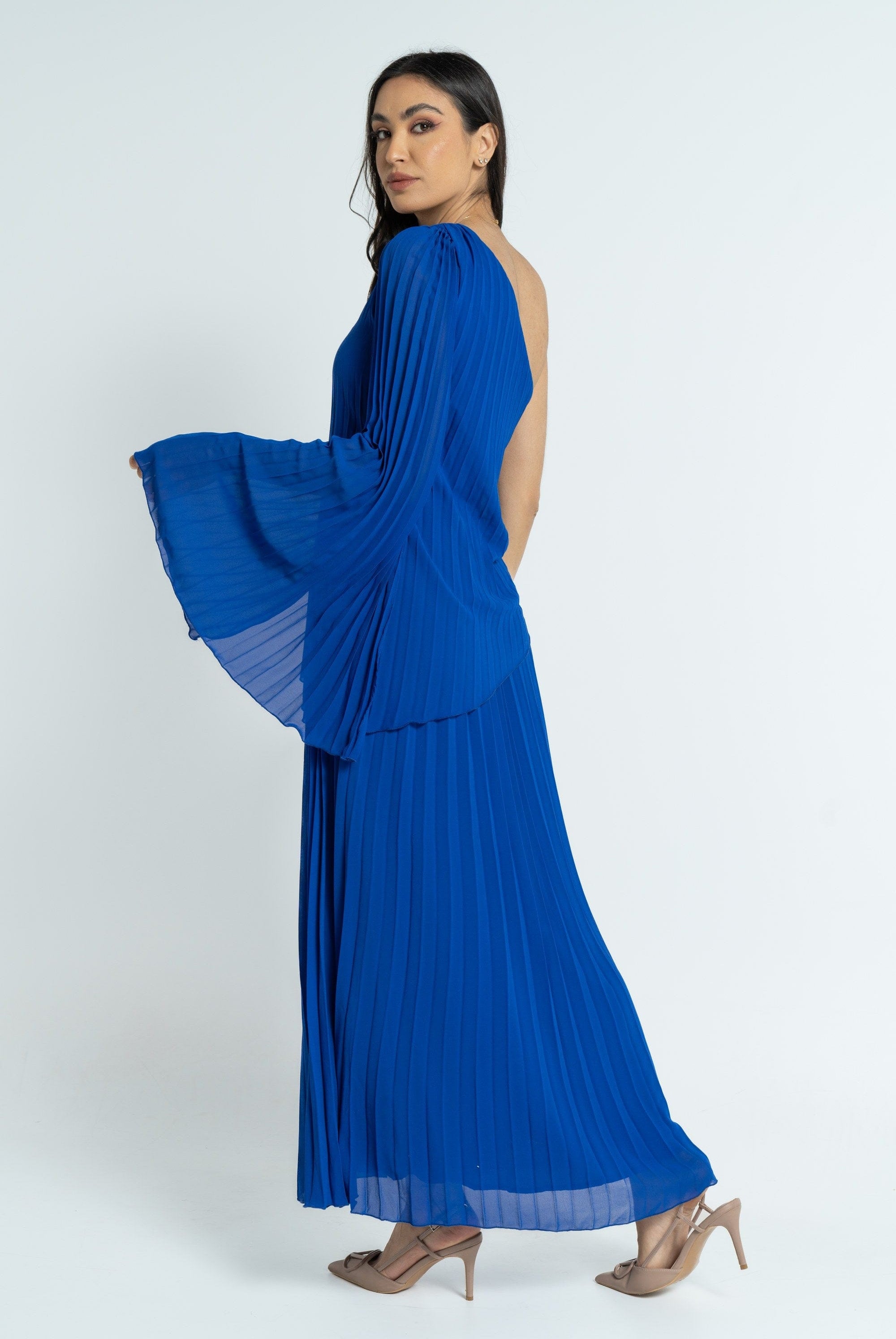 نتشي فستان ماكسي بأكمام فراشة بكسرات نسائي أزرق ملكي