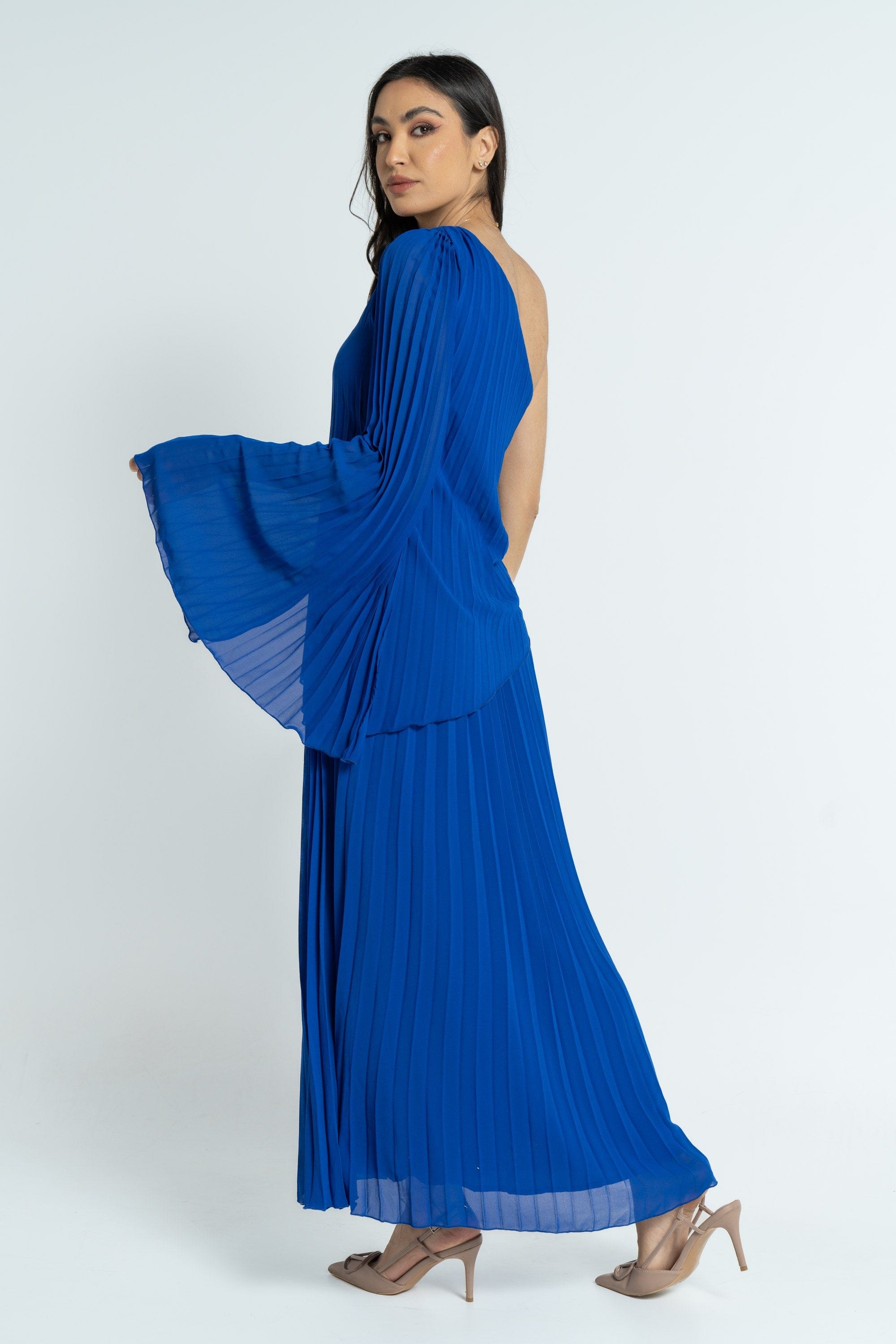 نتشي فستان ماكسي بأكمام فراشة بكسرات نسائي أزرق ملكي