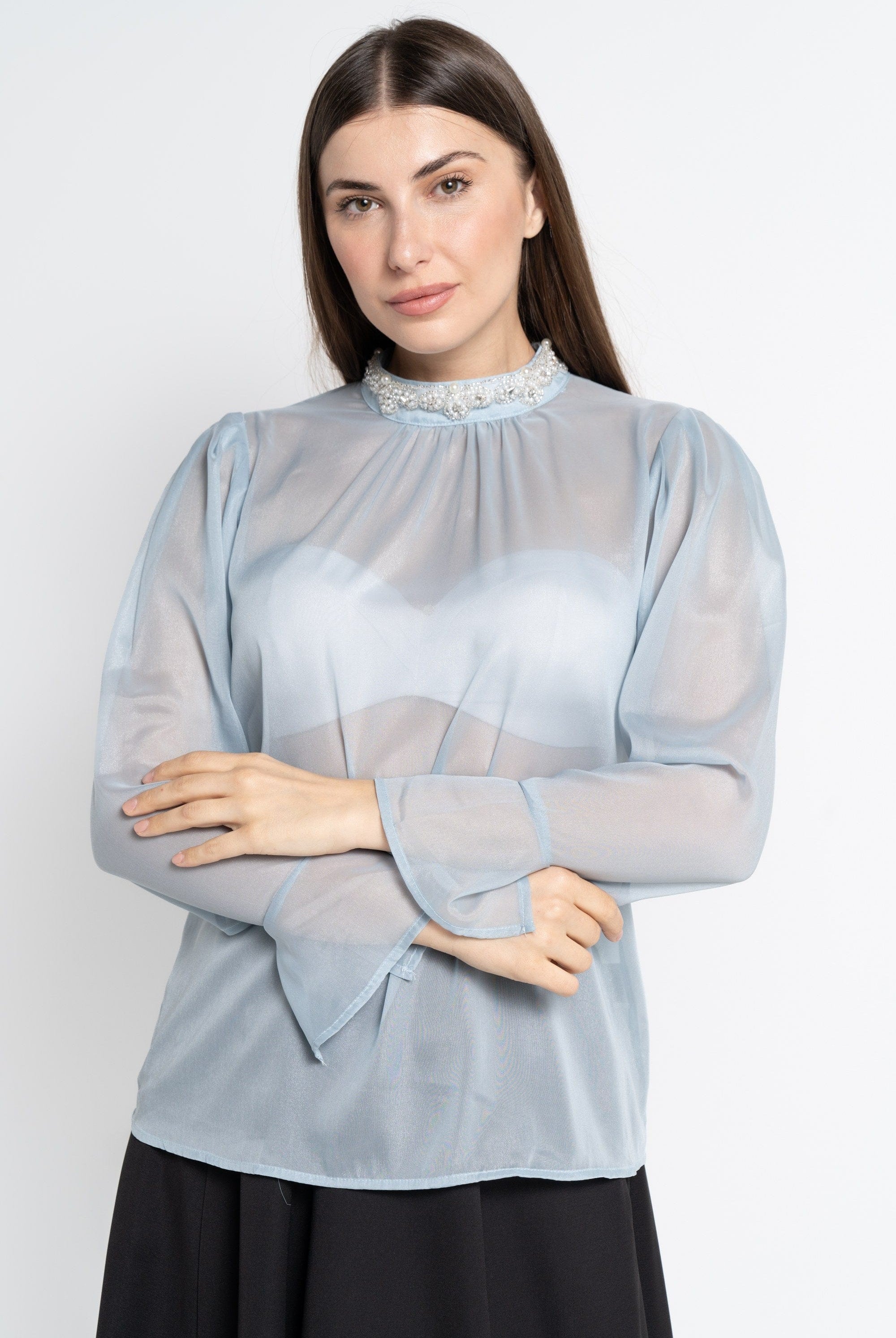 نتشي بلوزة بأكمام طويلة سادة شفافة نسائية