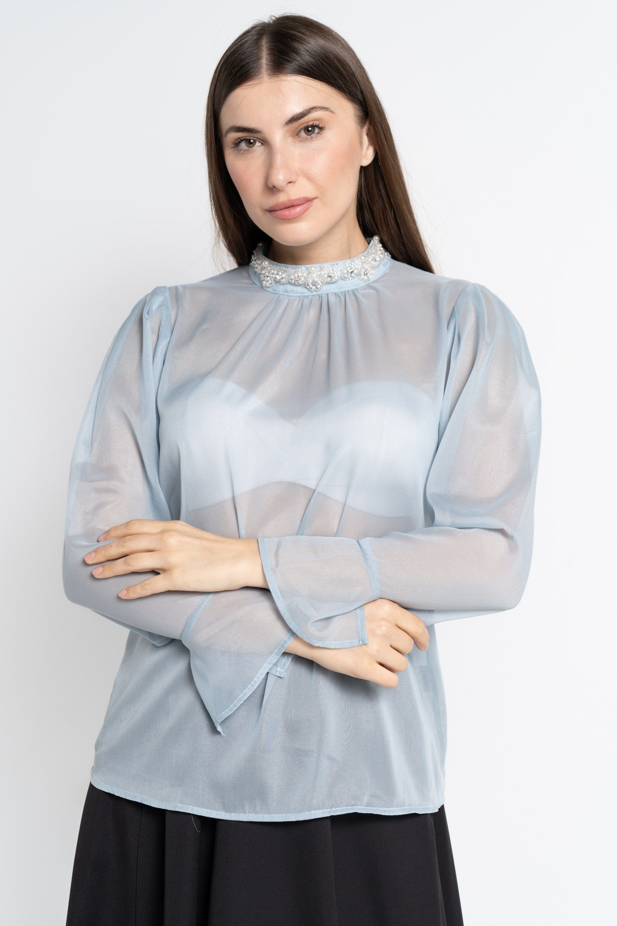 نتشي بلوزة بأكمام طويلة سادة شفافة نسائية