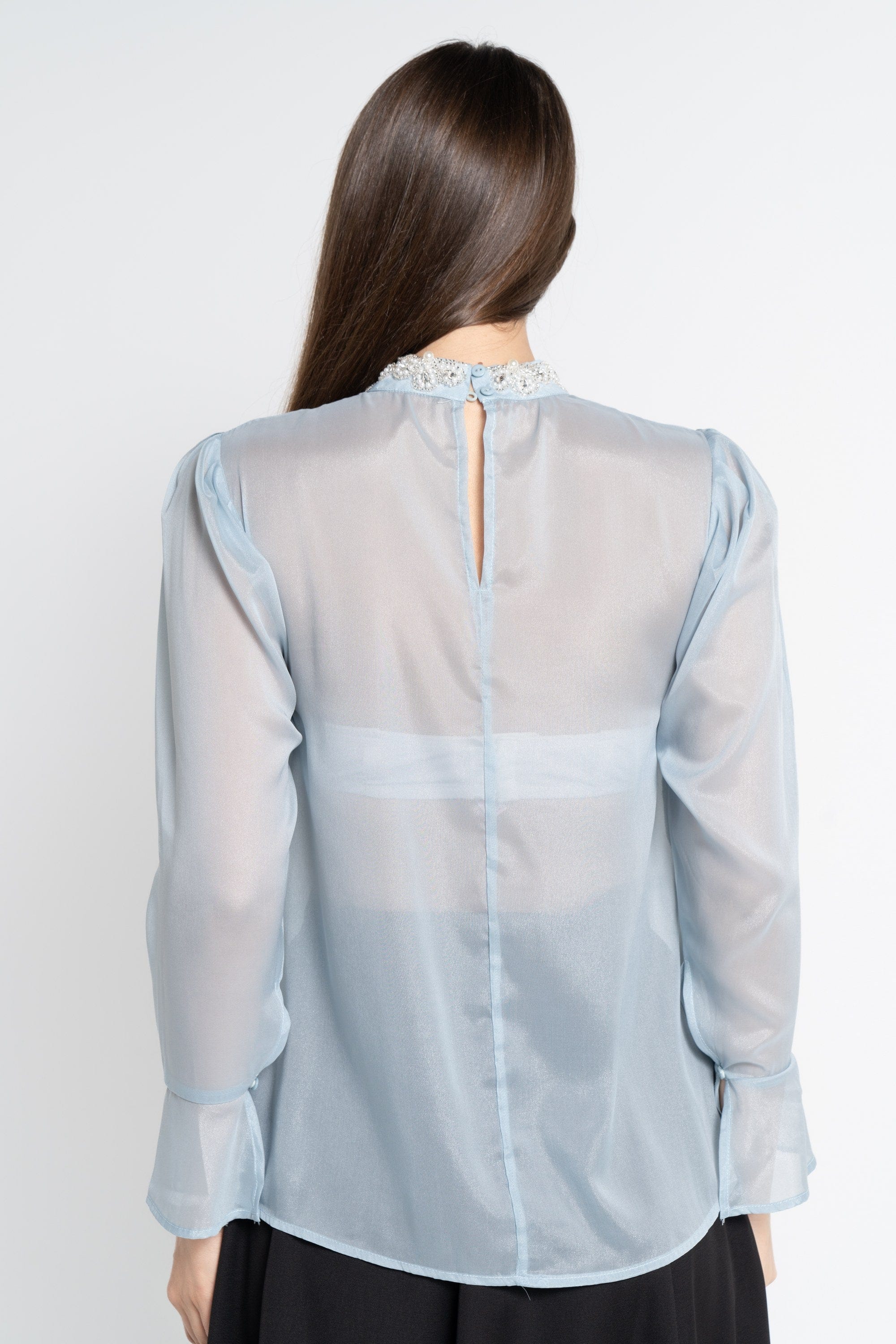 نتشي بلوزة بأكمام طويلة سادة شفافة نسائية