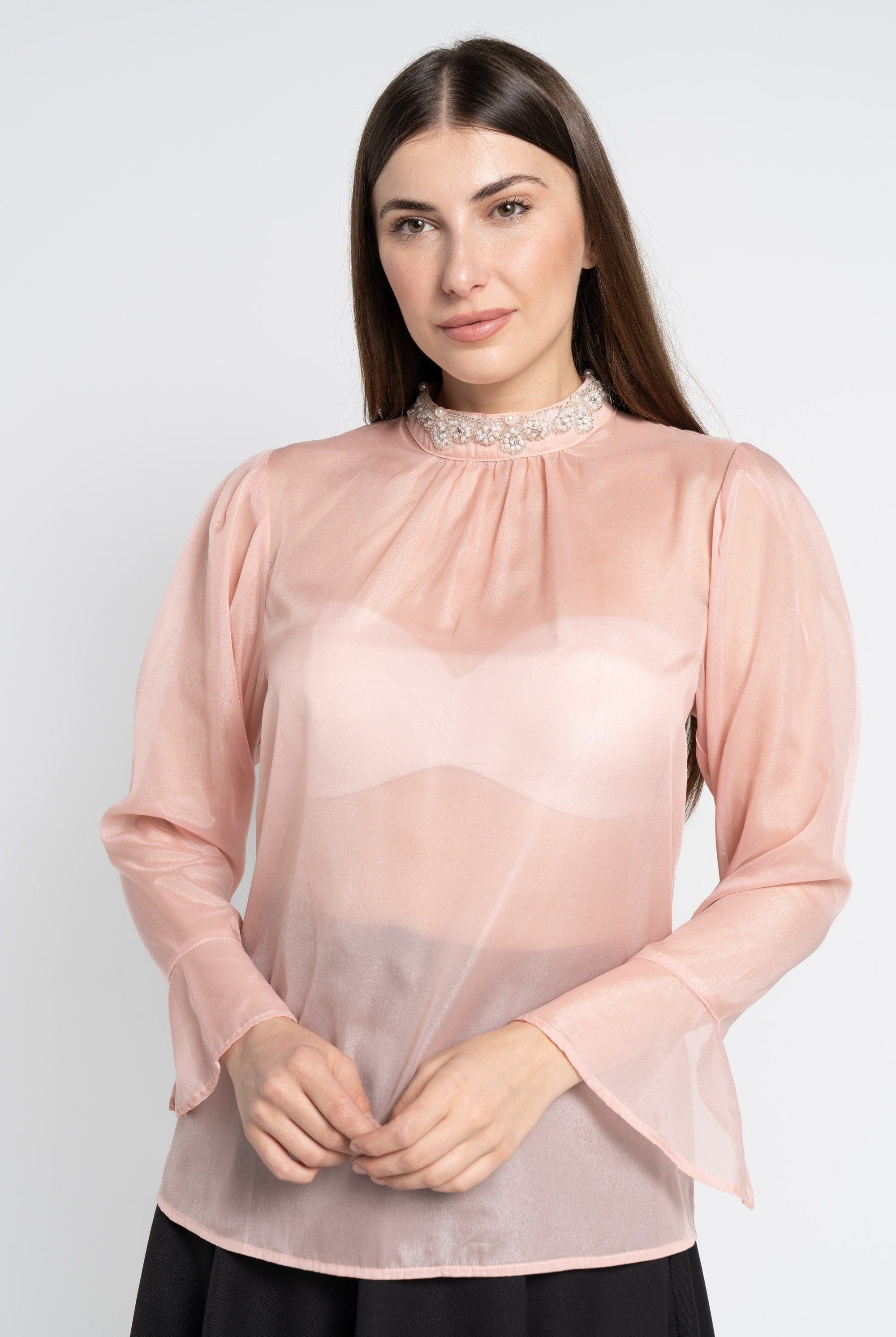 نتشي بلوزة بأكمام طويلة سادة شفافة نسائية