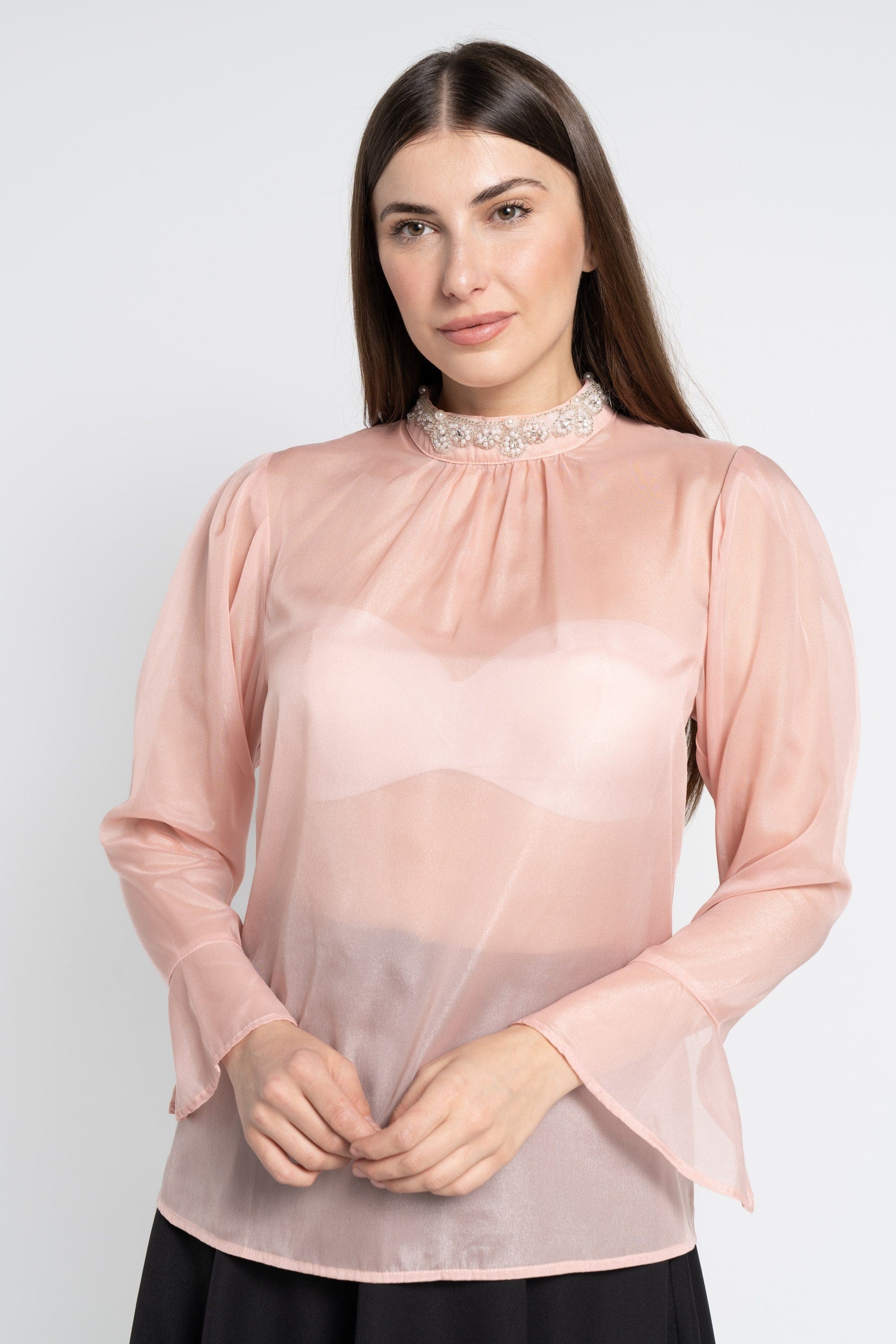 نتشي بلوزة بأكمام طويلة سادة شفافة نسائية