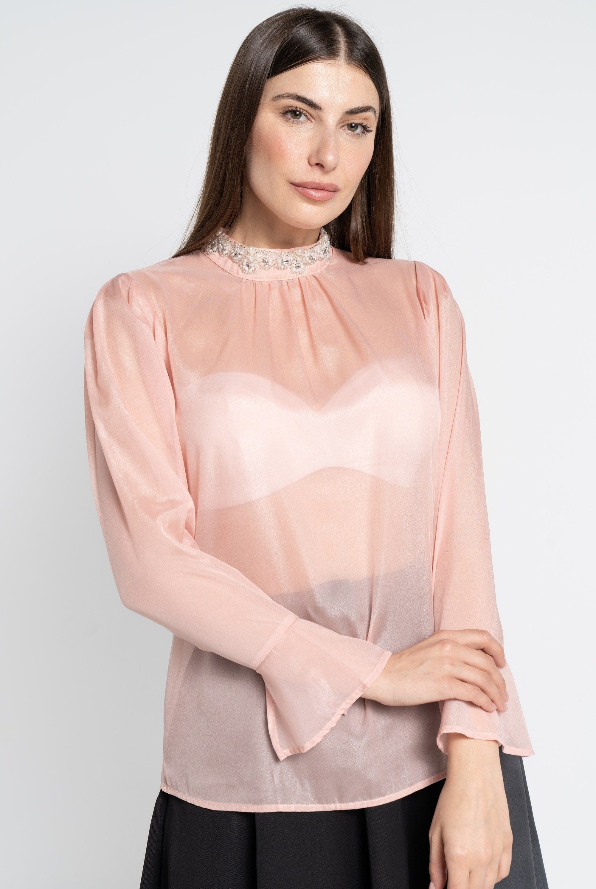 نتشي بلوزة بأكمام طويلة سادة شفافة نسائية