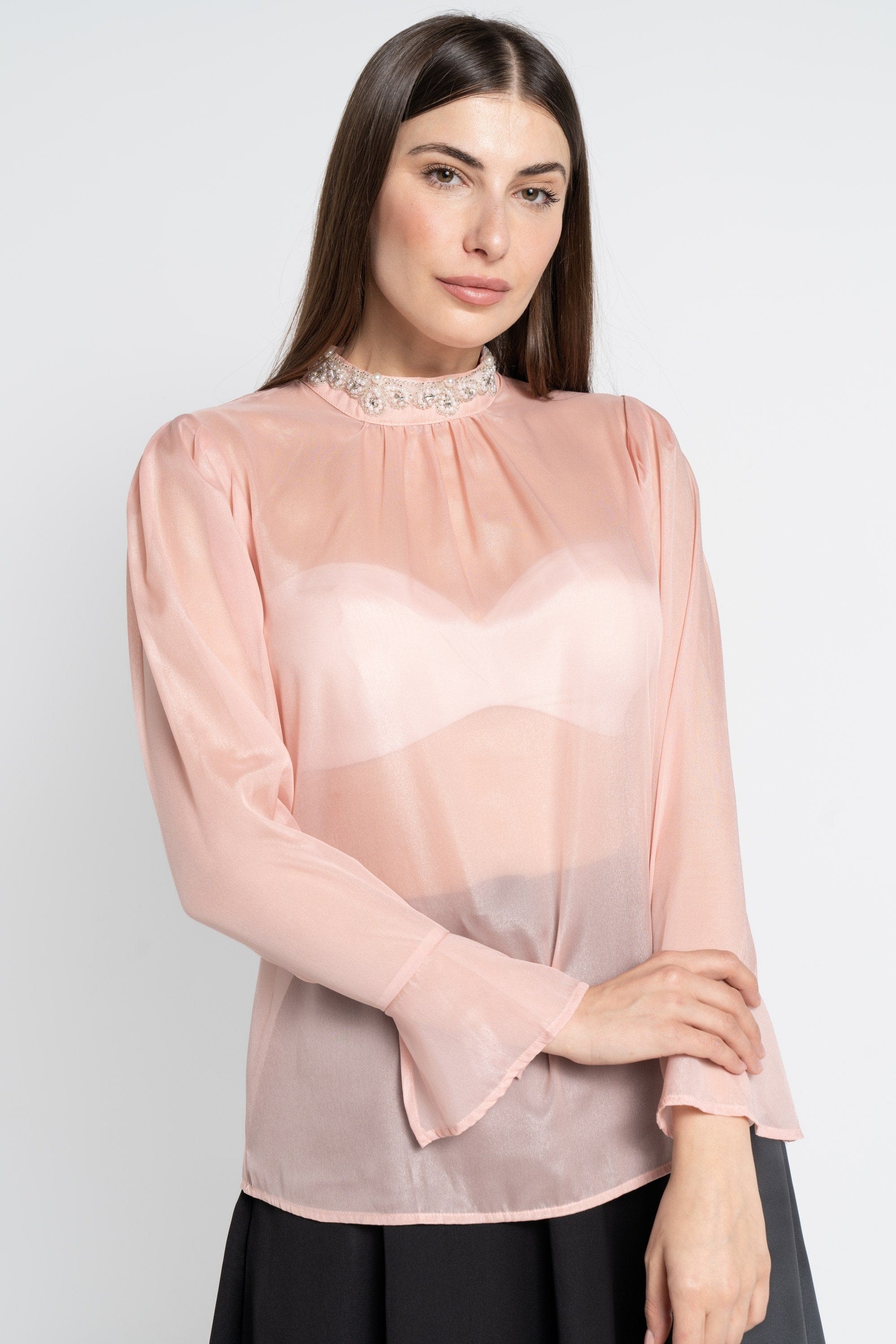 نتشي بلوزة بأكمام طويلة سادة شفافة نسائية