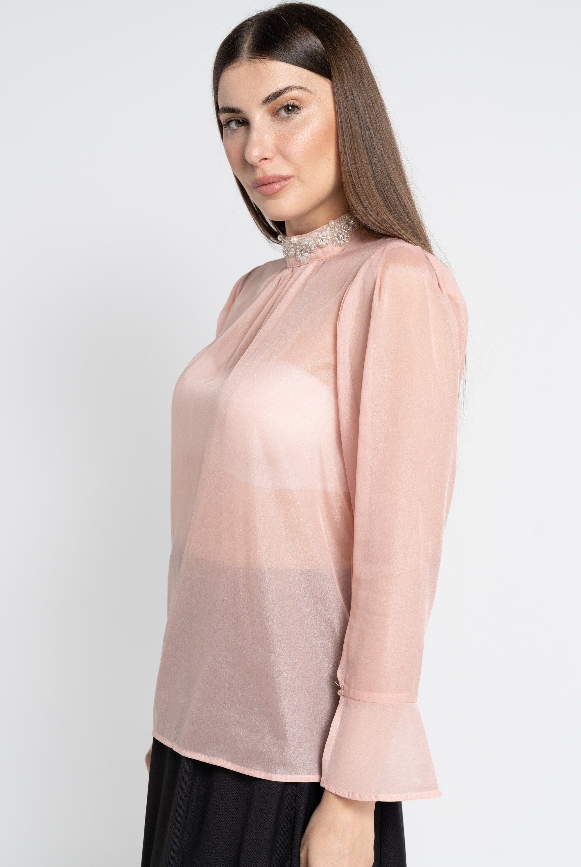 نتشي بلوزة بأكمام طويلة سادة شفافة نسائية