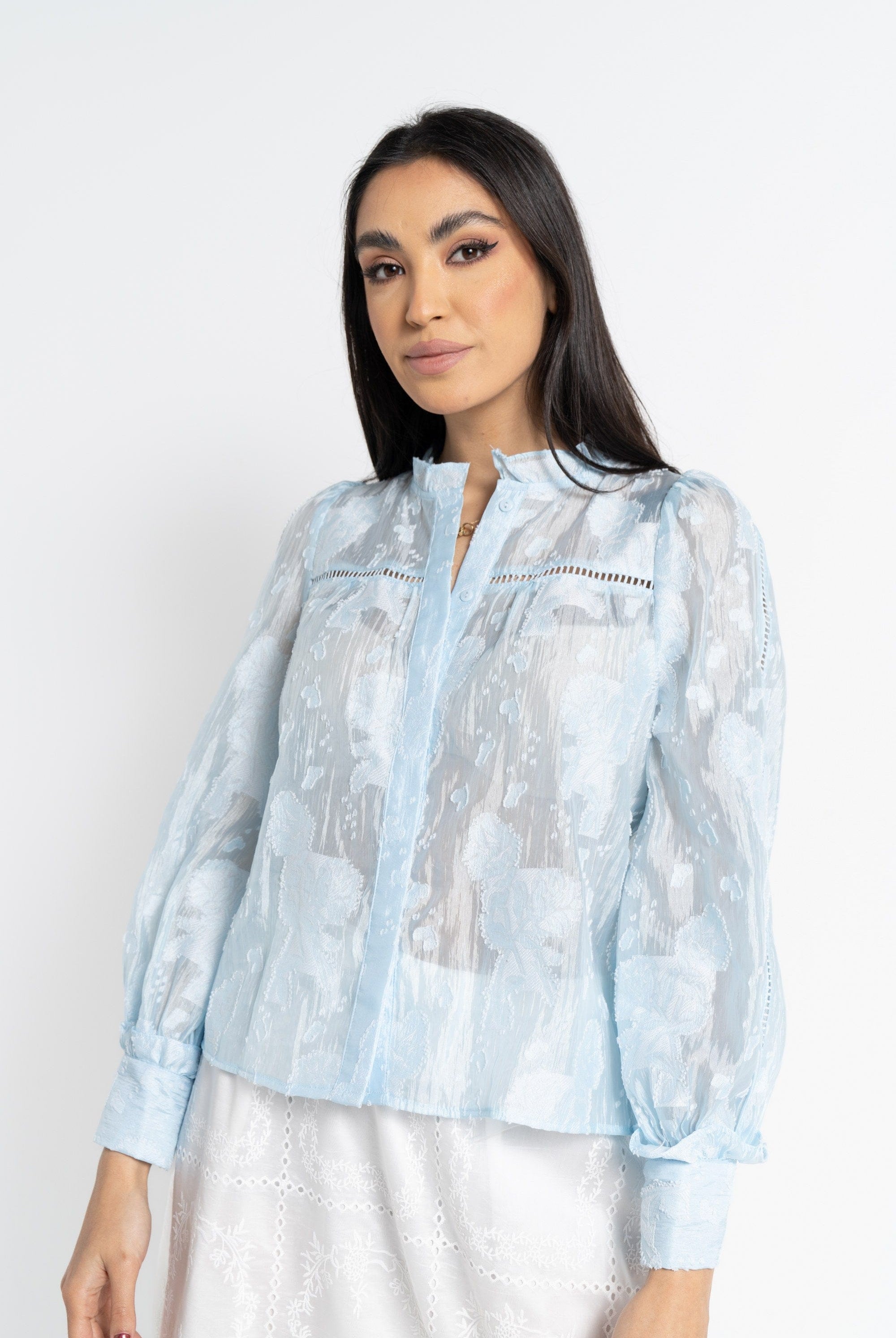 نتشي بلوزة بأكمام طويلة موردة شفافة نسائية