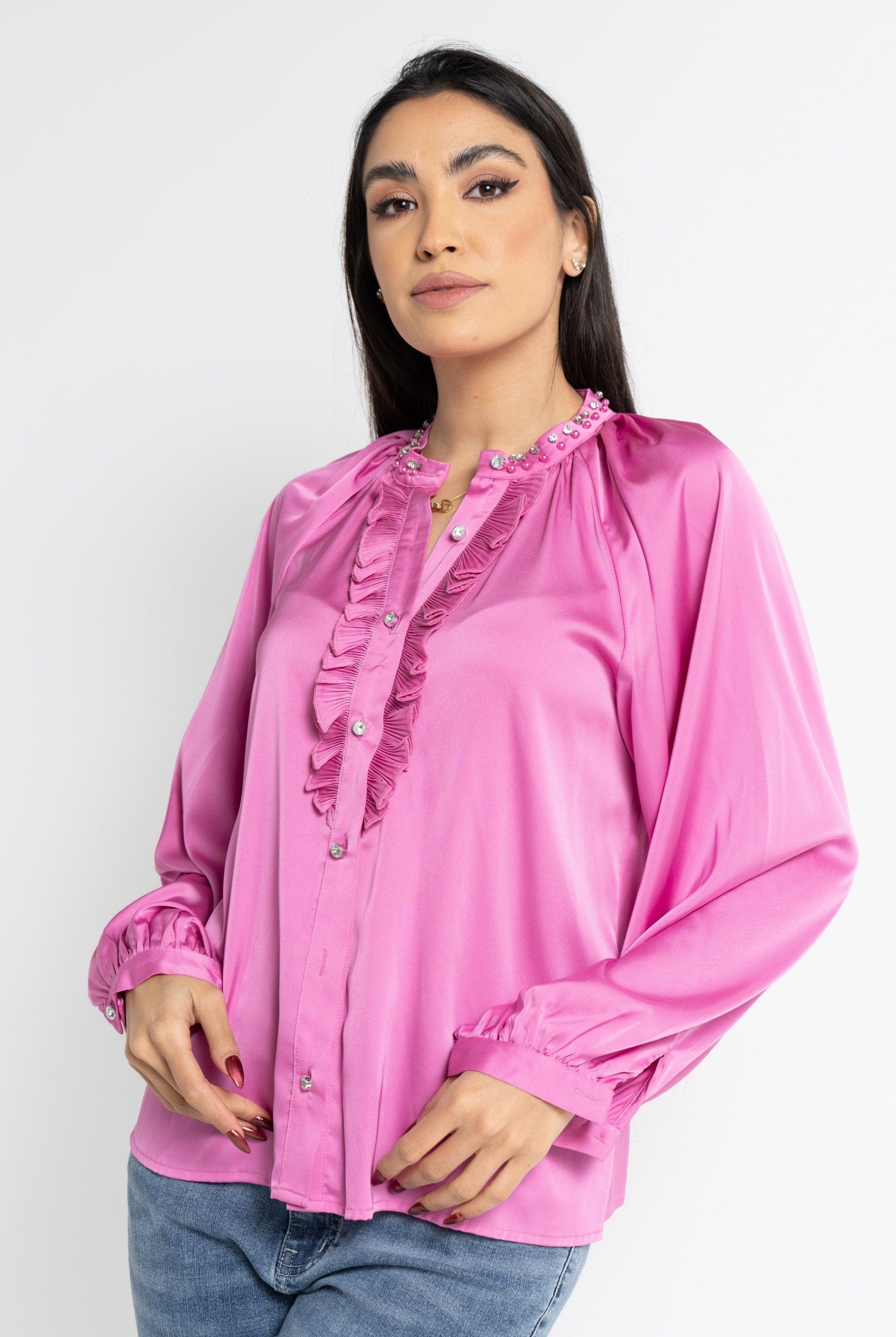 نتشي بلوزة بأكمام طويلة سادة بياقة مطرزة نسائية وردي