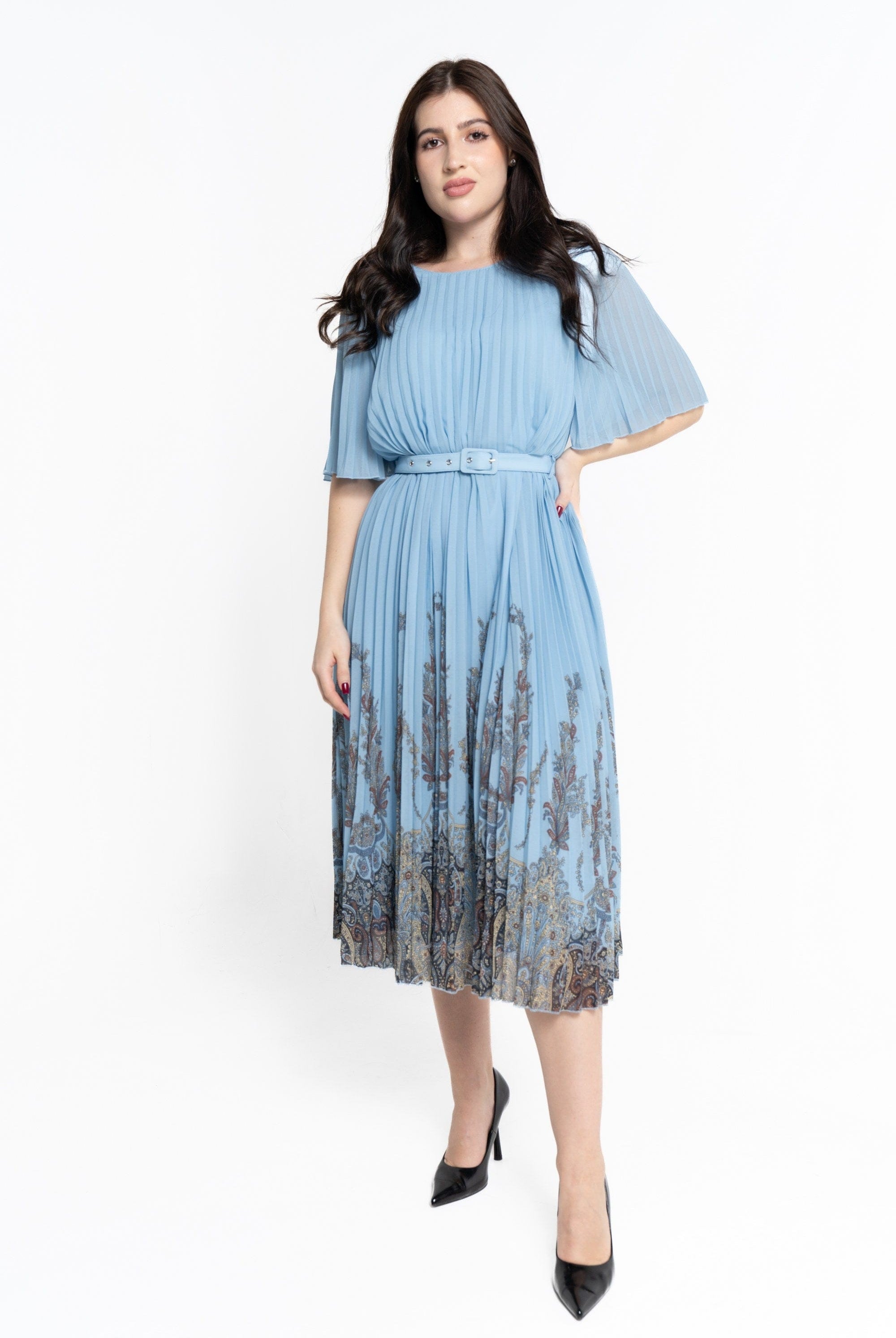 نتشي فستان ميدي بأكمام قصيرة بليسيه منقوش نسائي