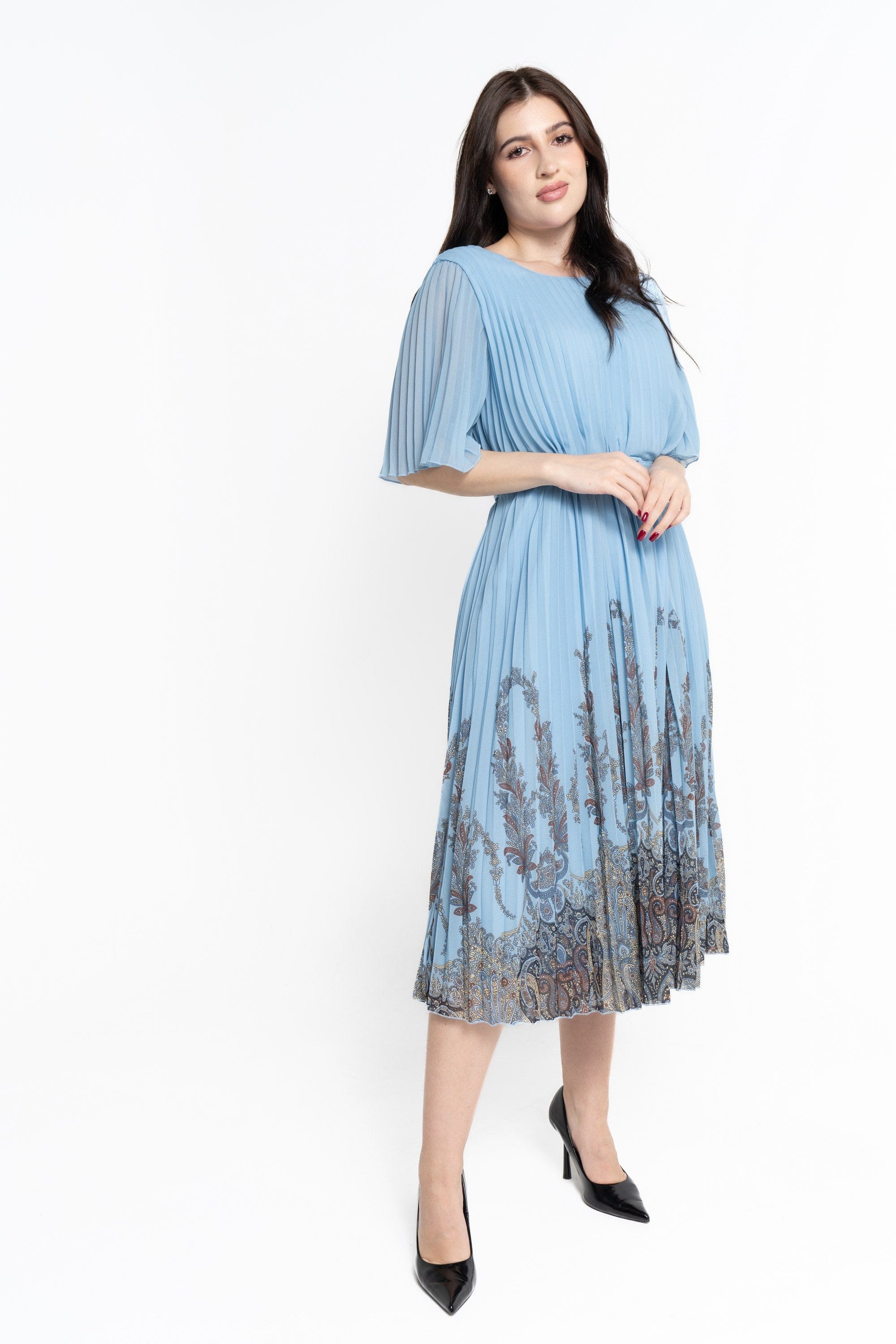 نتشي فستان ميدي بأكمام قصيرة بليسيه منقوش نسائي