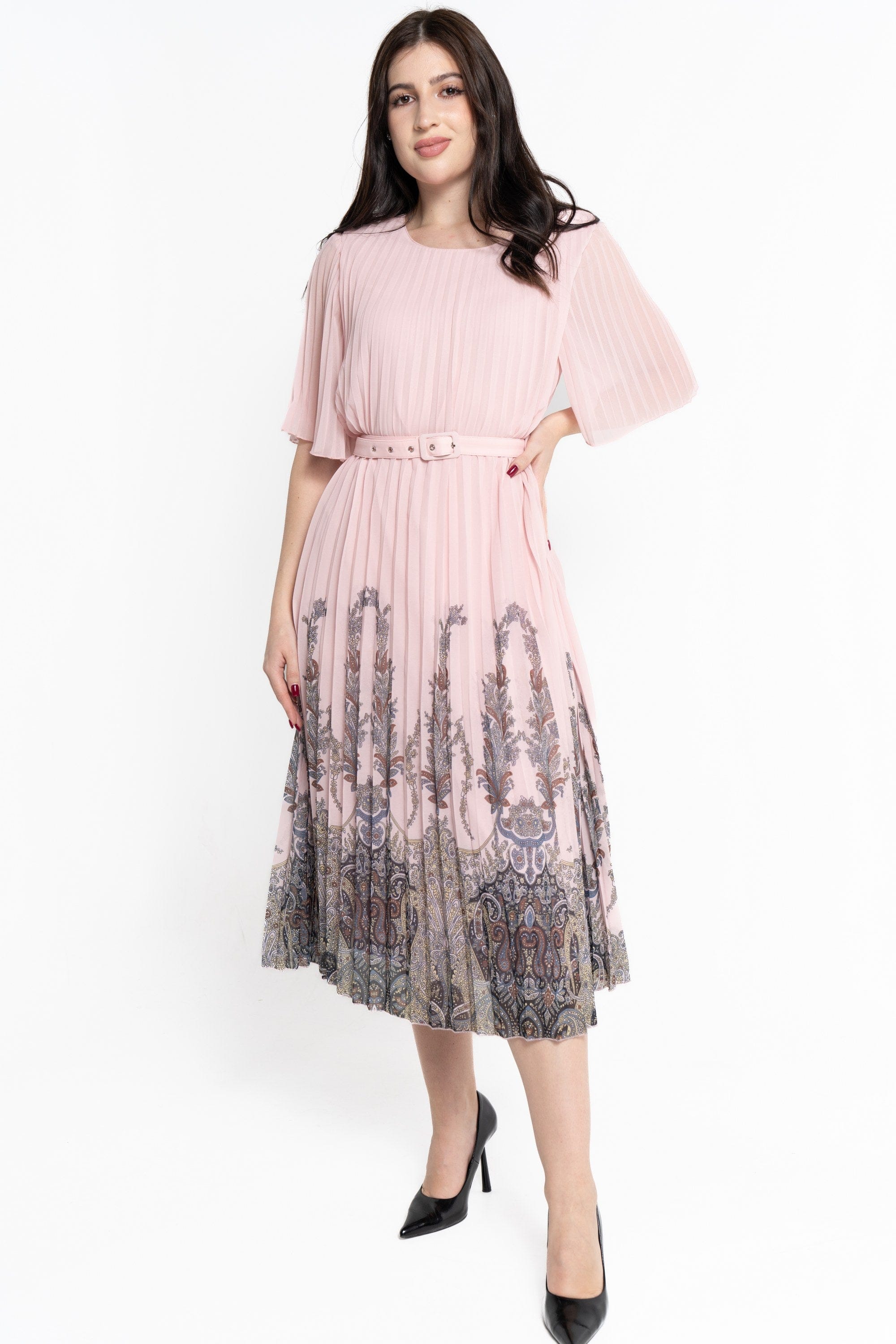 نتشي فستان ميدي بأكمام قصيرة بليسيه منقوش نسائي