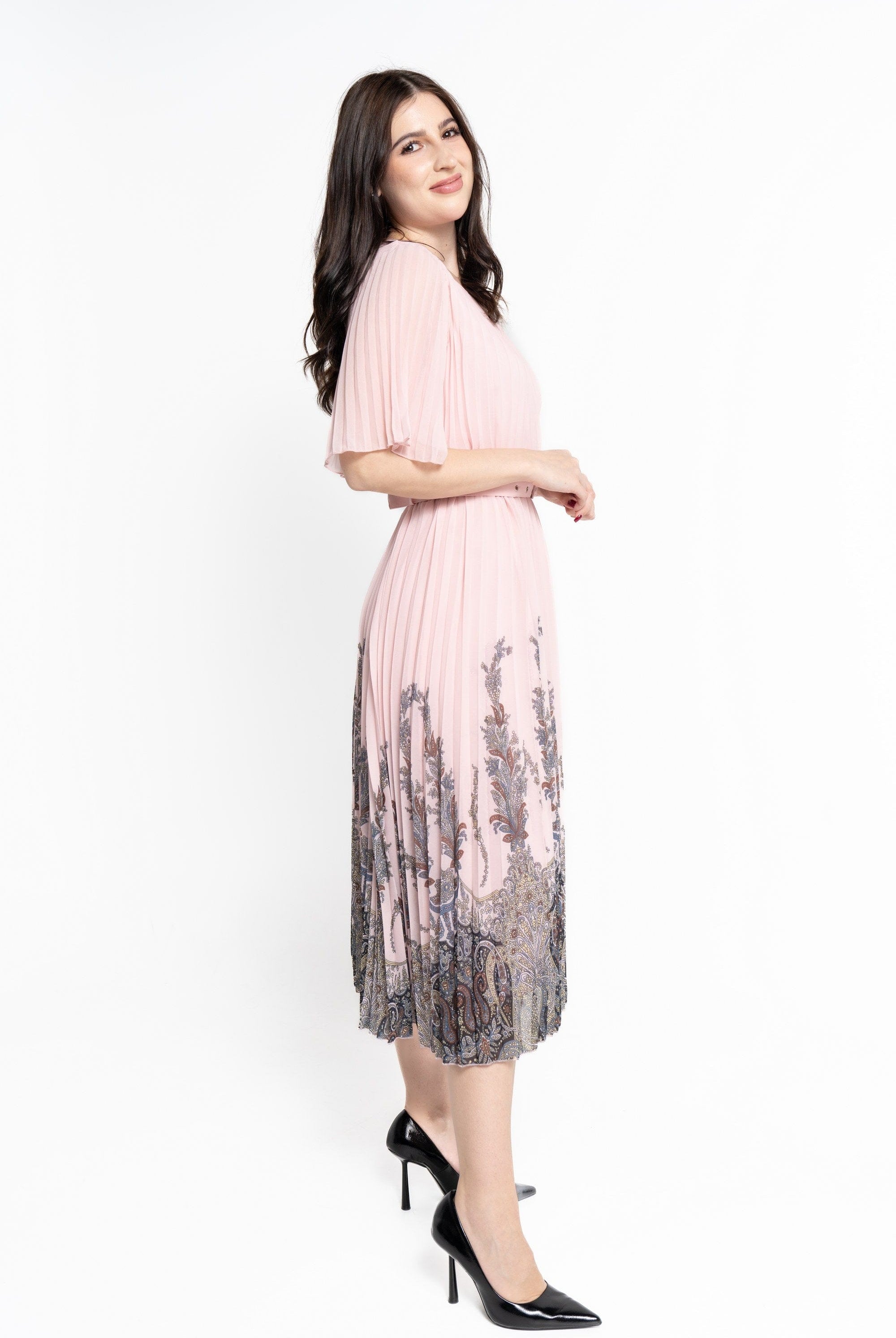 نتشي فستان ميدي بأكمام قصيرة بليسيه منقوش نسائي