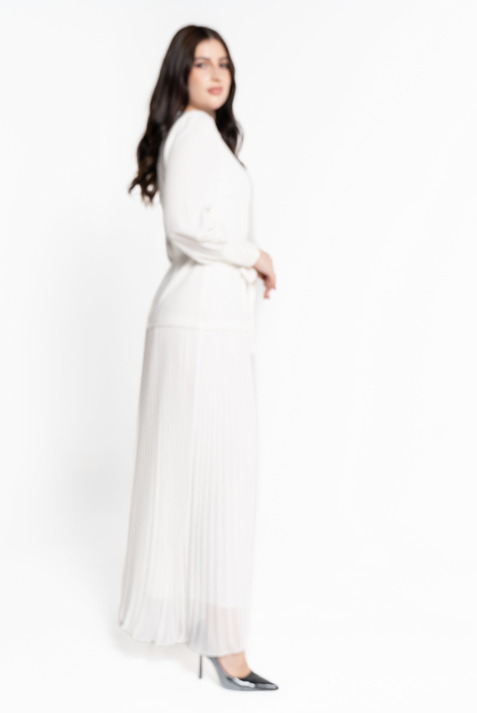 نتشي فستان ماكسي بأكمام طويلة بليسيه برباط أمامي نسائي