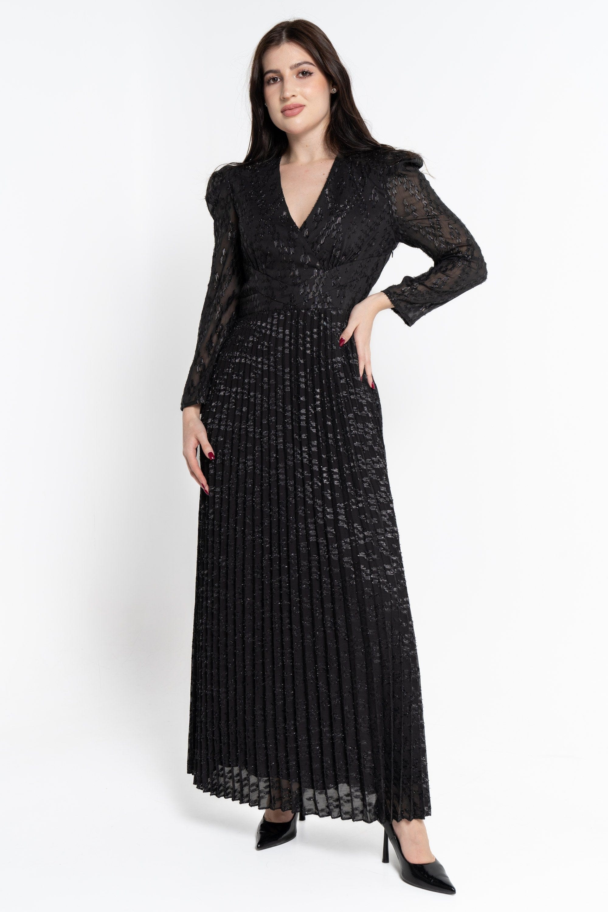 نتشي فستان ماكسي بأكمام طويلة لامع مخصر نسائي