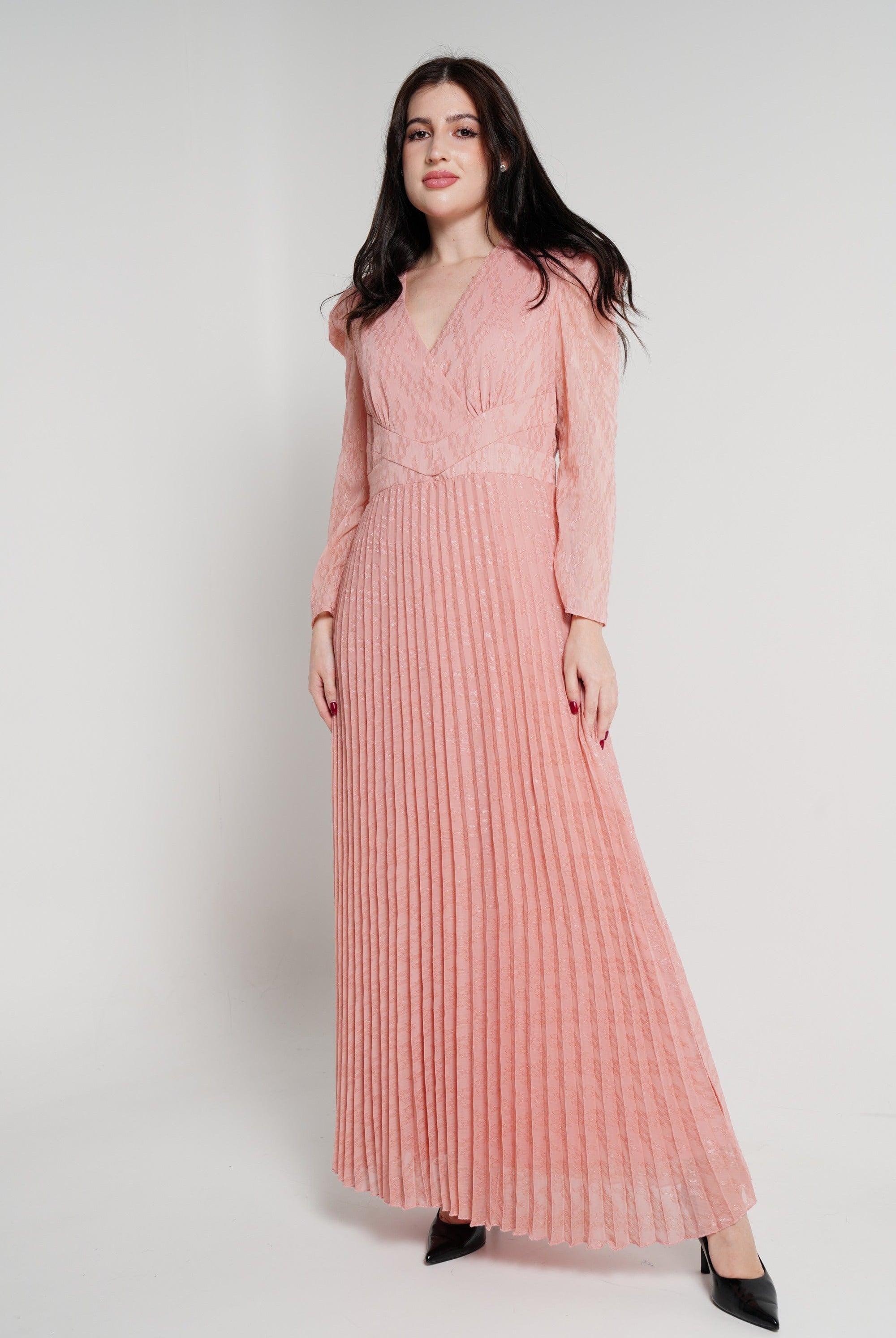 نتشي فستان ماكسي بأكمام طويلة لامع مخصر نسائي