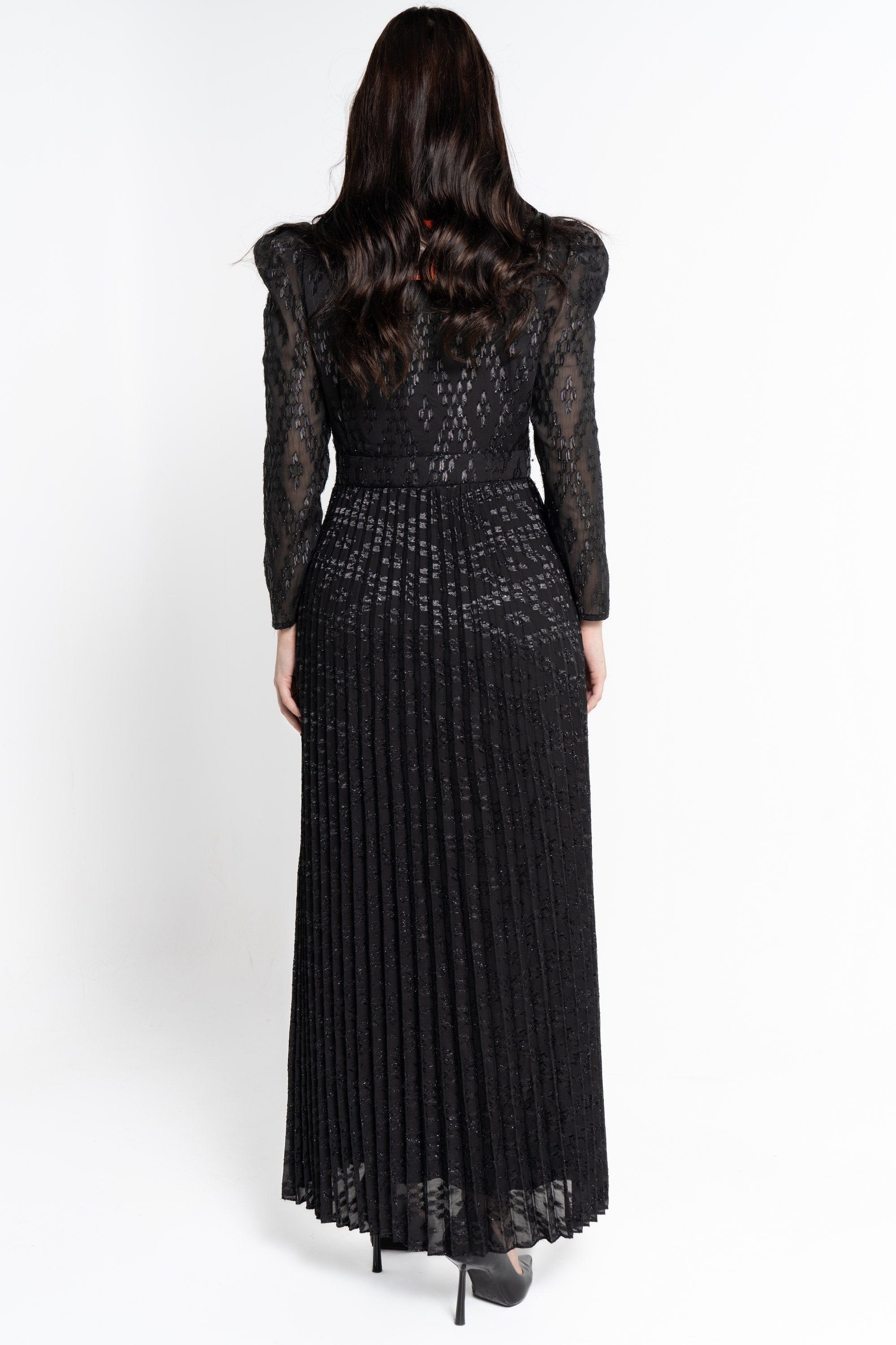 نتشي فستان ماكسي بأكمام طويلة لامع مخصر نسائي