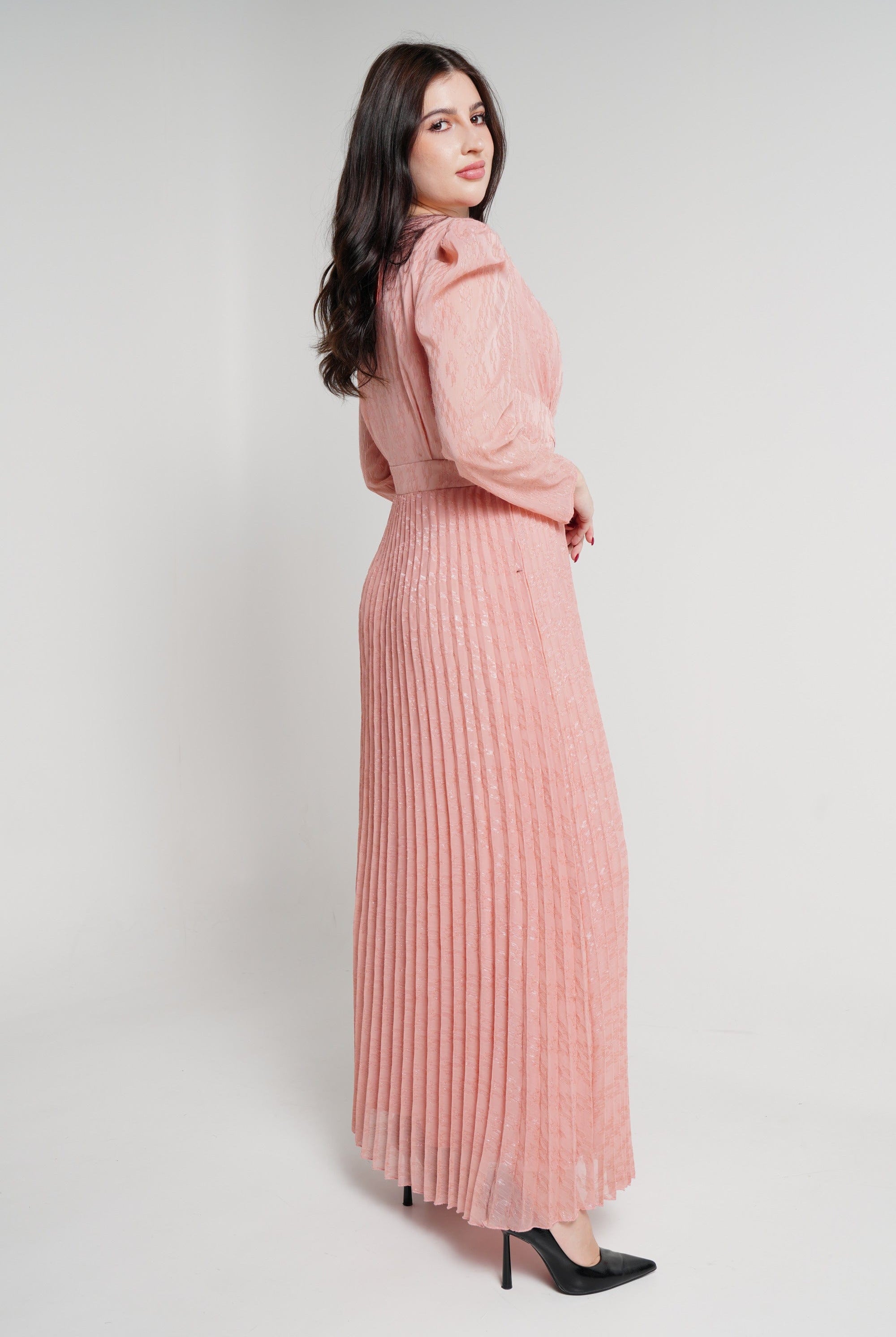 نتشي فستان ماكسي بأكمام طويلة لامع مخصر نسائي