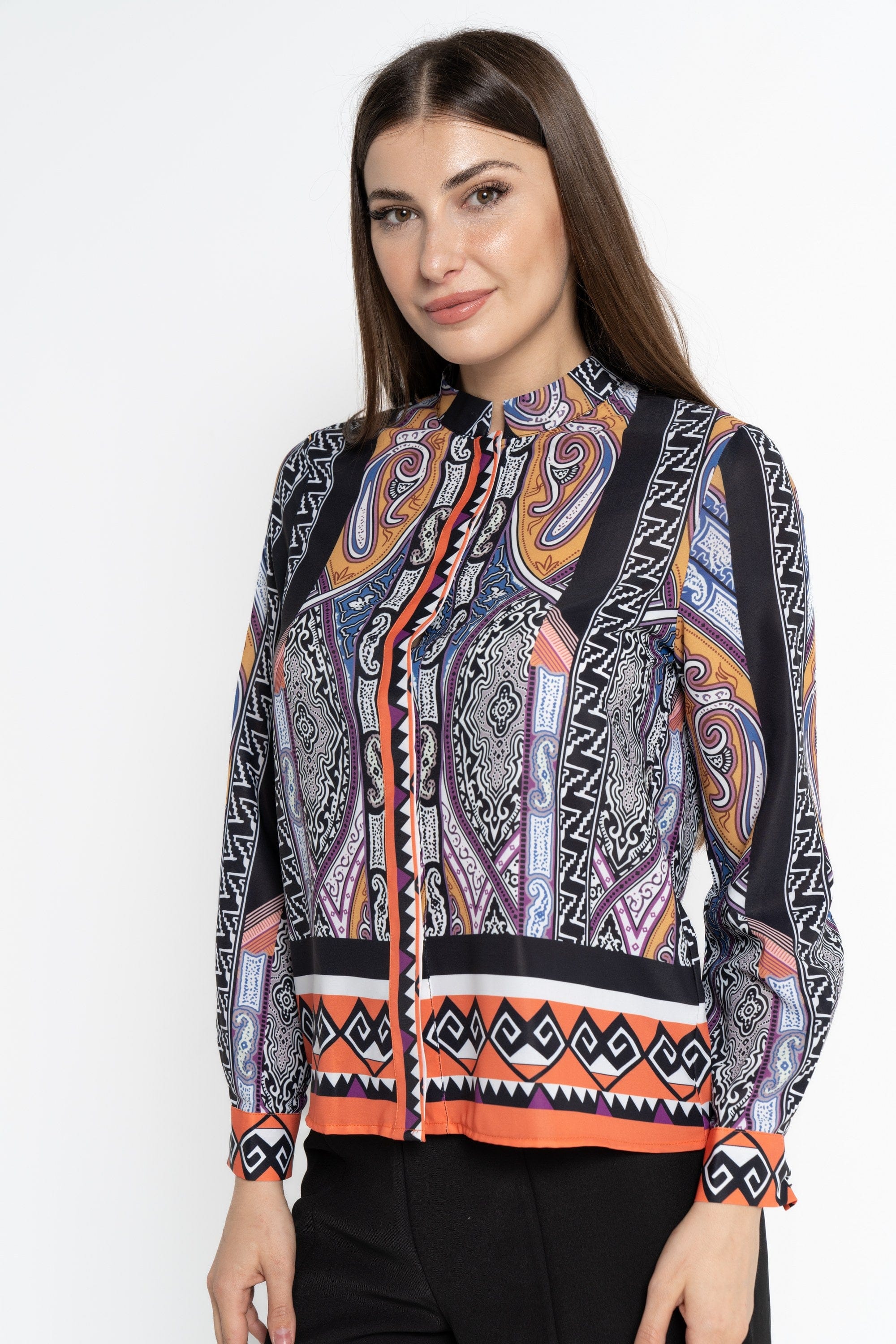 نتشي بلوزة بأكمام طويلة منقوشة نسائي أرجواني