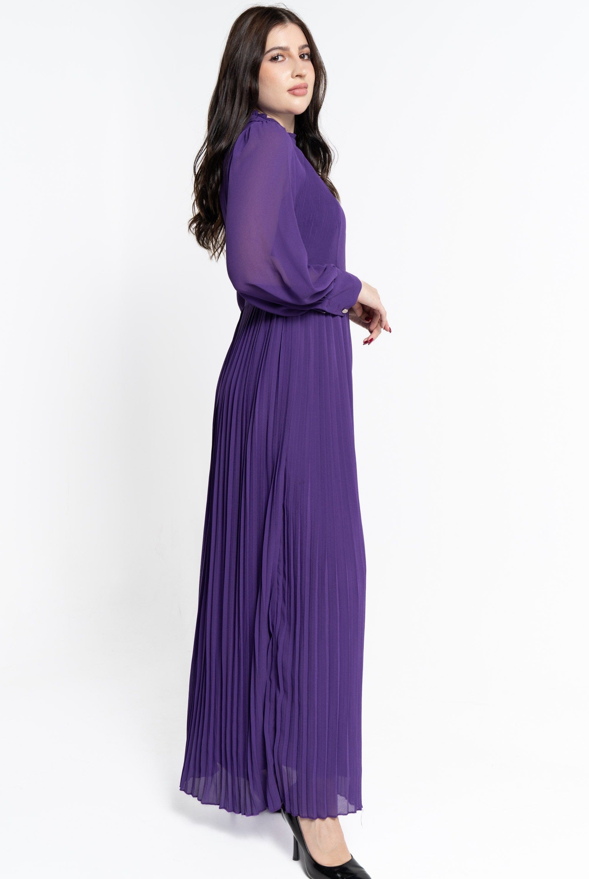 نتشي فستان طويل بفتحة أمامية واسع من أسفل كم طويل نسائي