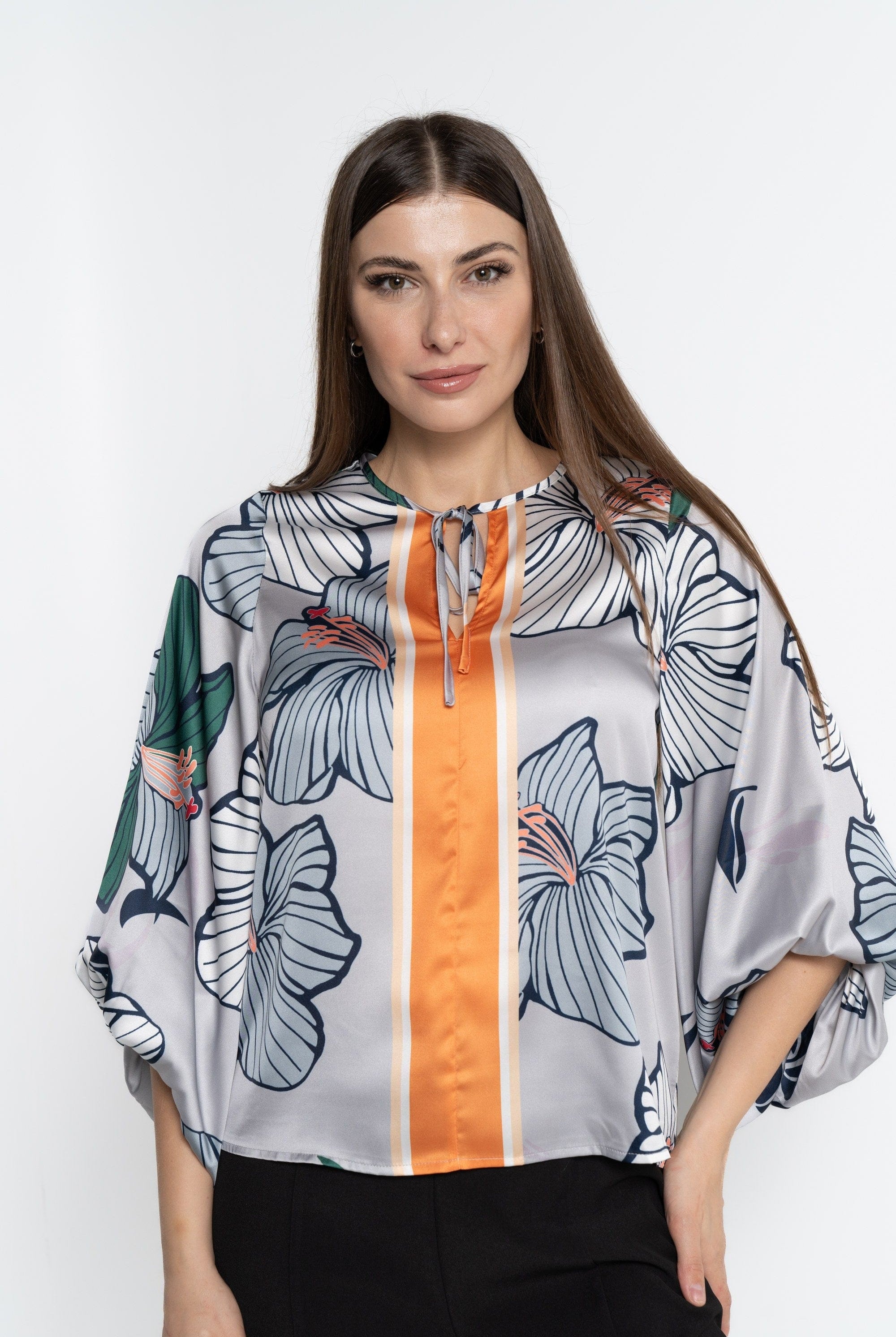 نتشي بلوزة بأكمام 3/4 مورد واسع نسائي برتقالي