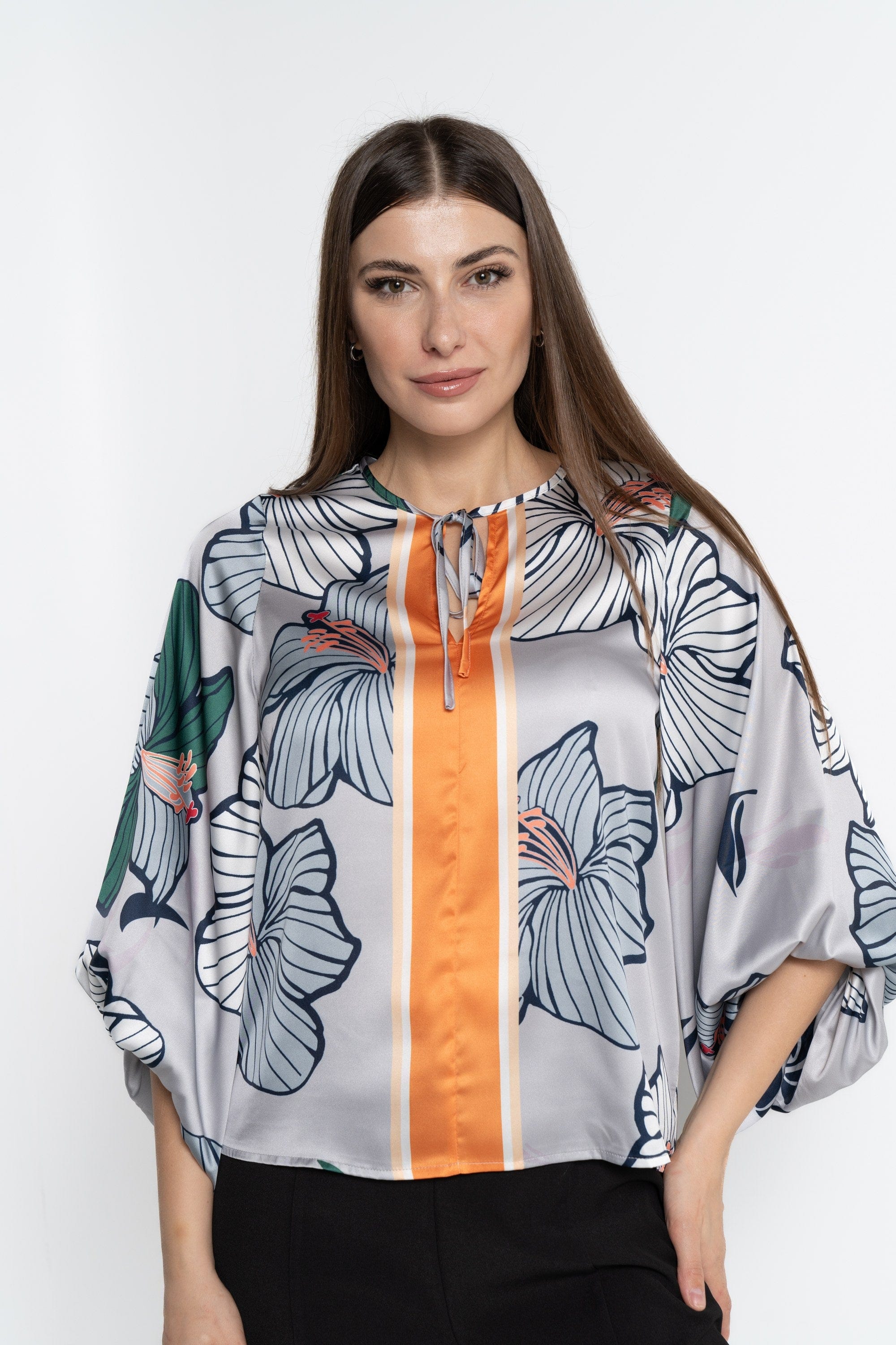 نتشي بلوزة بأكمام 3/4 مورد واسع نسائي برتقالي