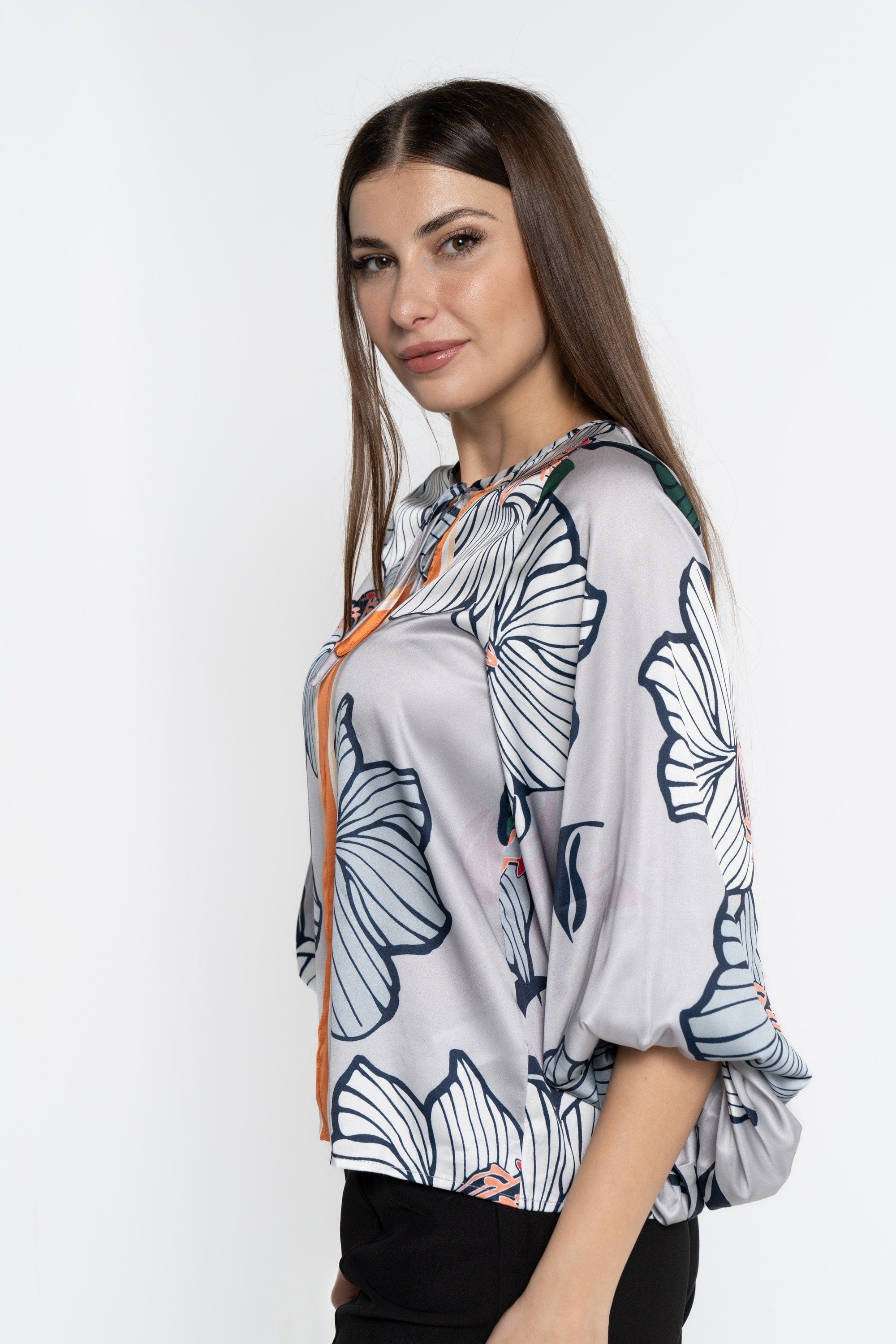 نتشي بلوزة بأكمام 3/4 مورد واسع نسائي برتقالي