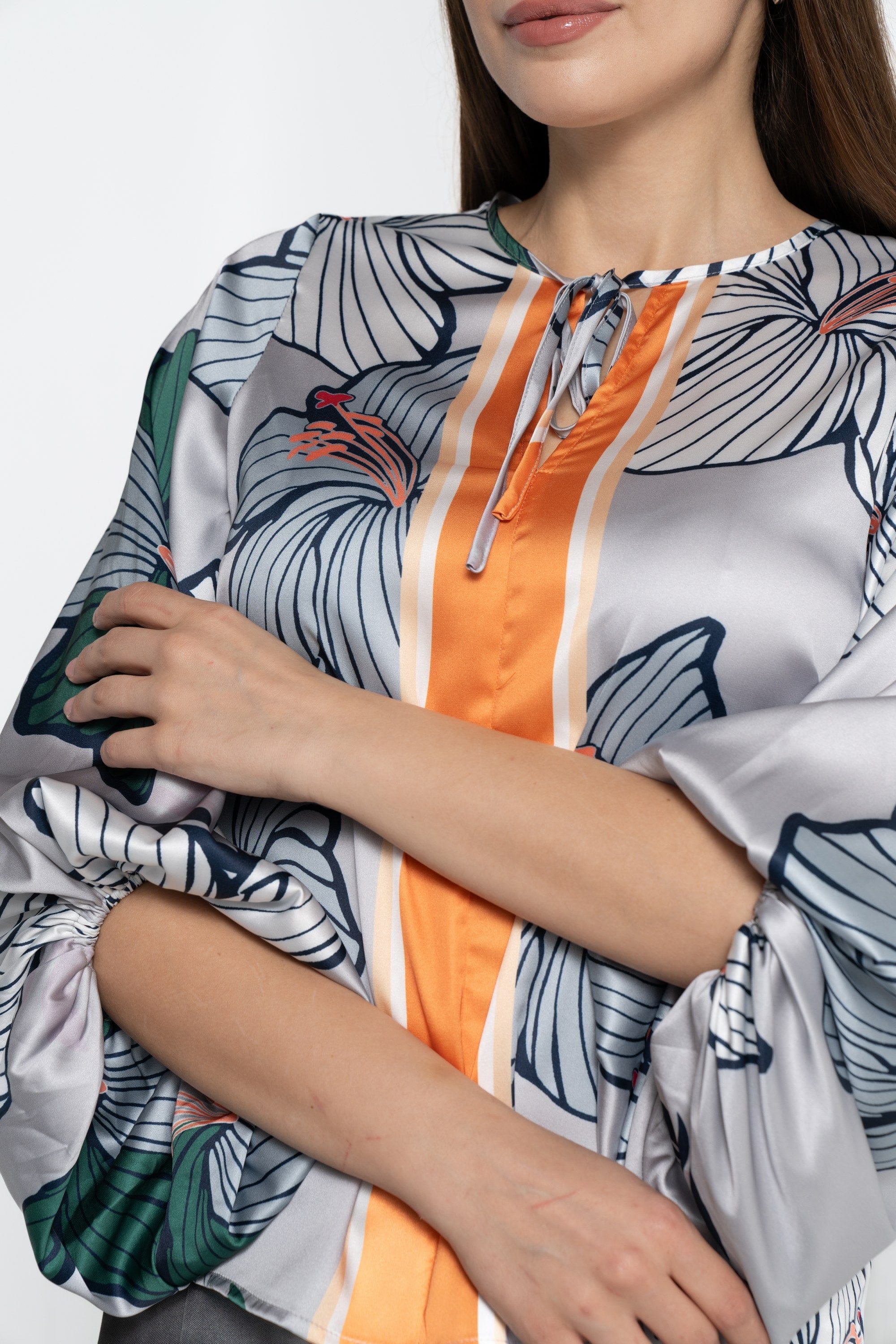 نتشي بلوزة بأكمام 3/4 مورد واسع نسائي برتقالي