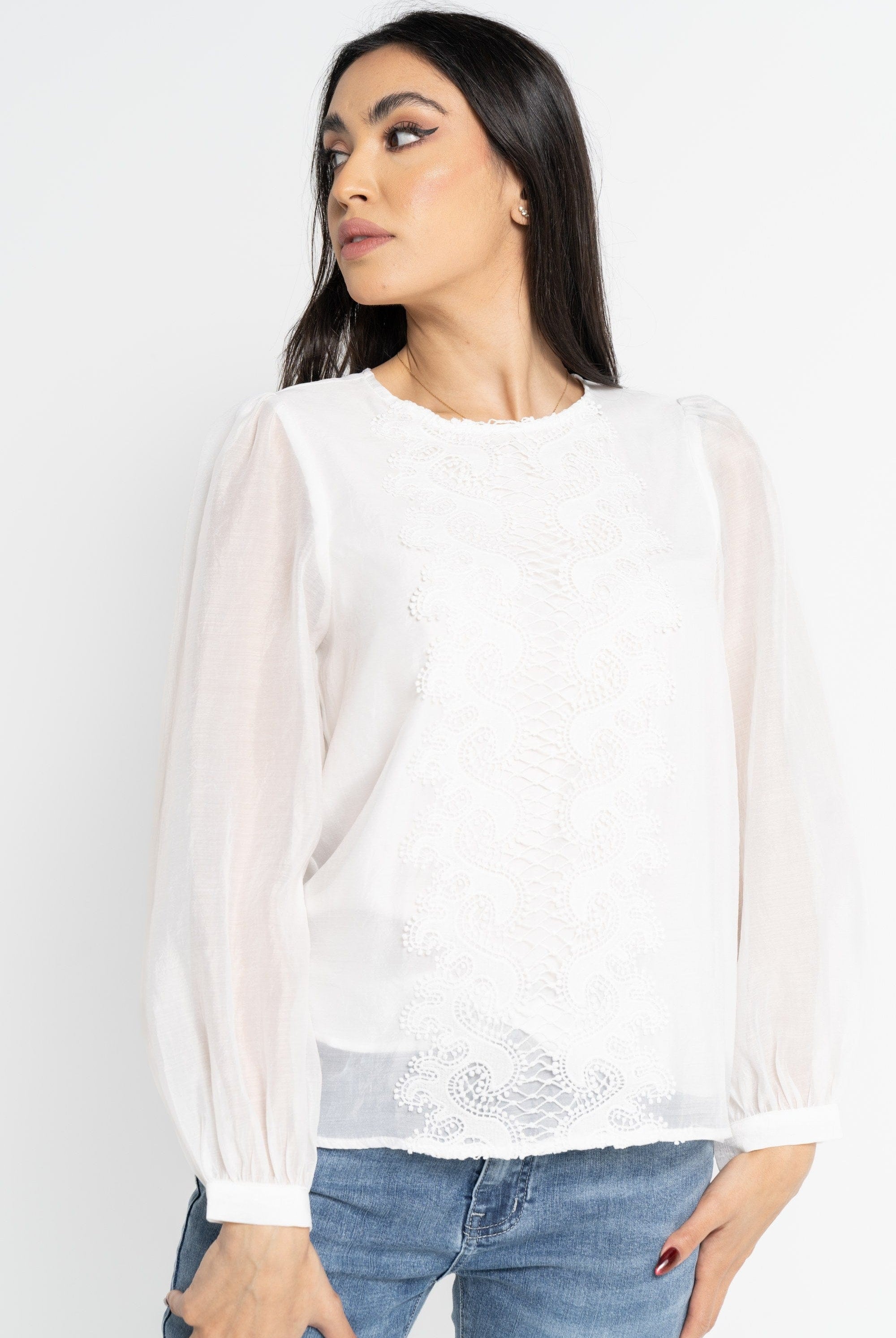 نتشي بلوزة بأكمام طويلة نسائية شفافة بتطريز على الصدر