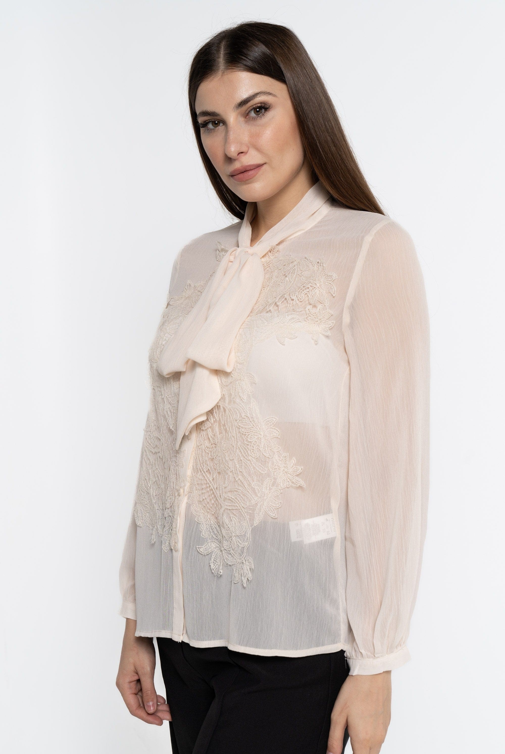 نتشي بلوزة بأكمام طويلة سادة بربطة عنق نسائي