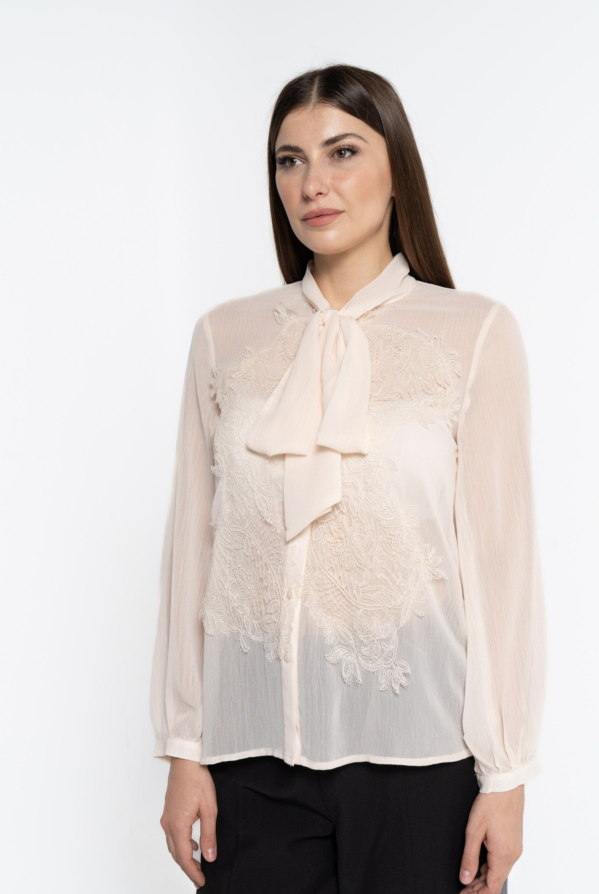 نتشي بلوزة بأكمام طويلة سادة بربطة عنق نسائي