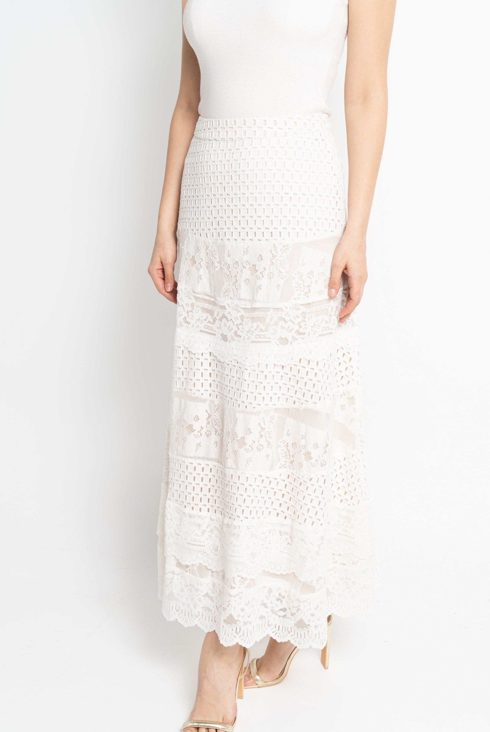 نتشي تنورة طويلة منقوشة مزينة بالدانتيل نسائي