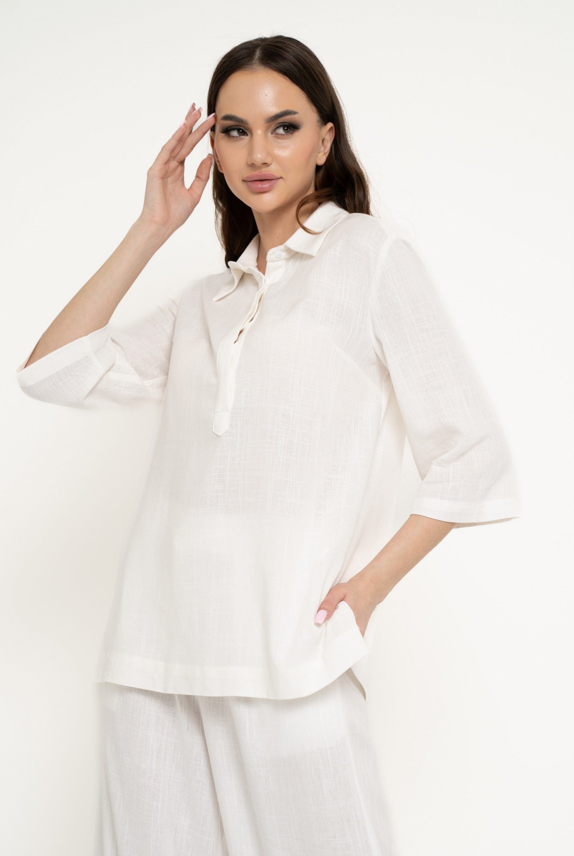 نتشي قميص سادة طويل واسع كم طويل نسائي