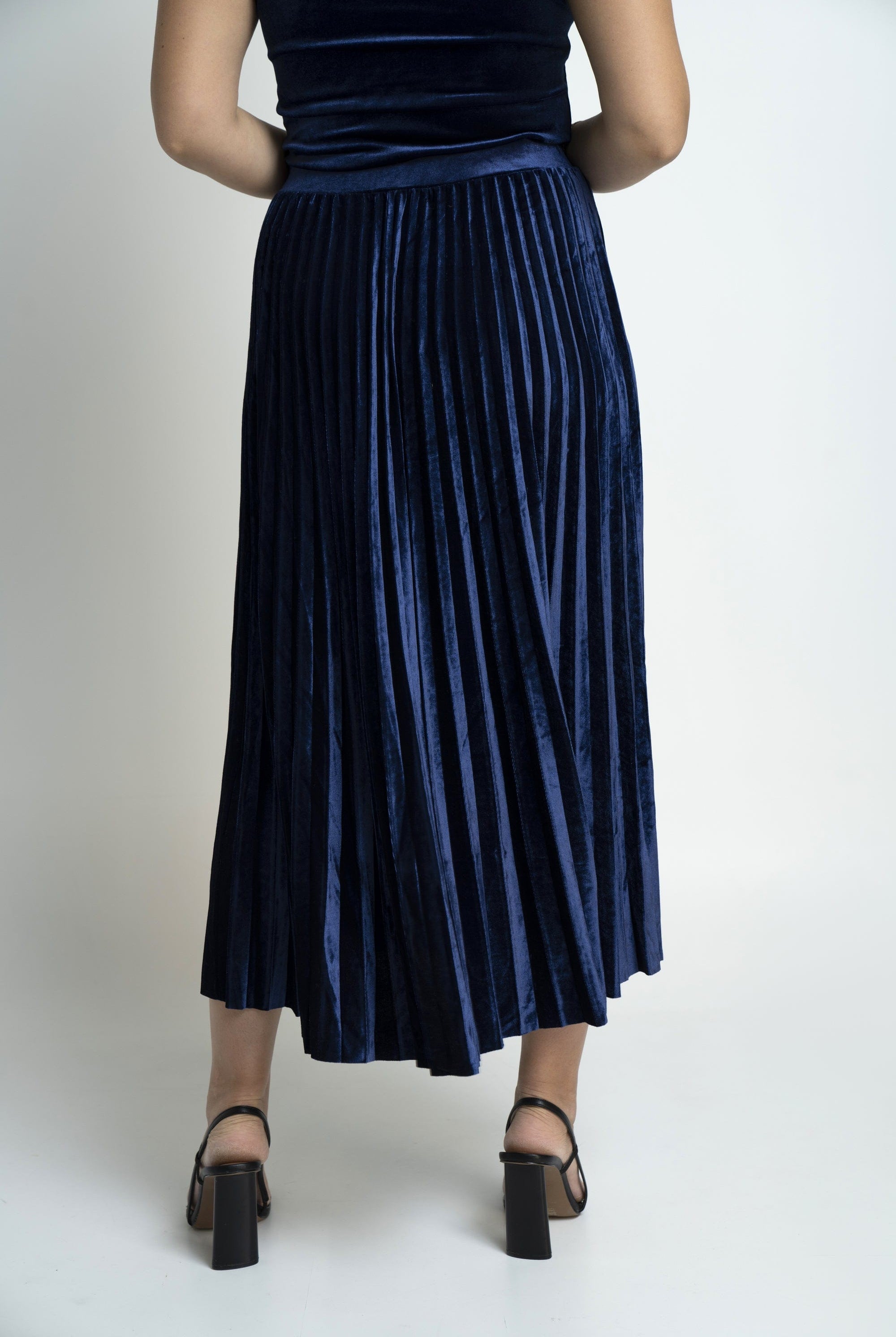 نتشي تنورة ميدي بليسيه خصر مرتفع واسع نسائي أزرق داكن