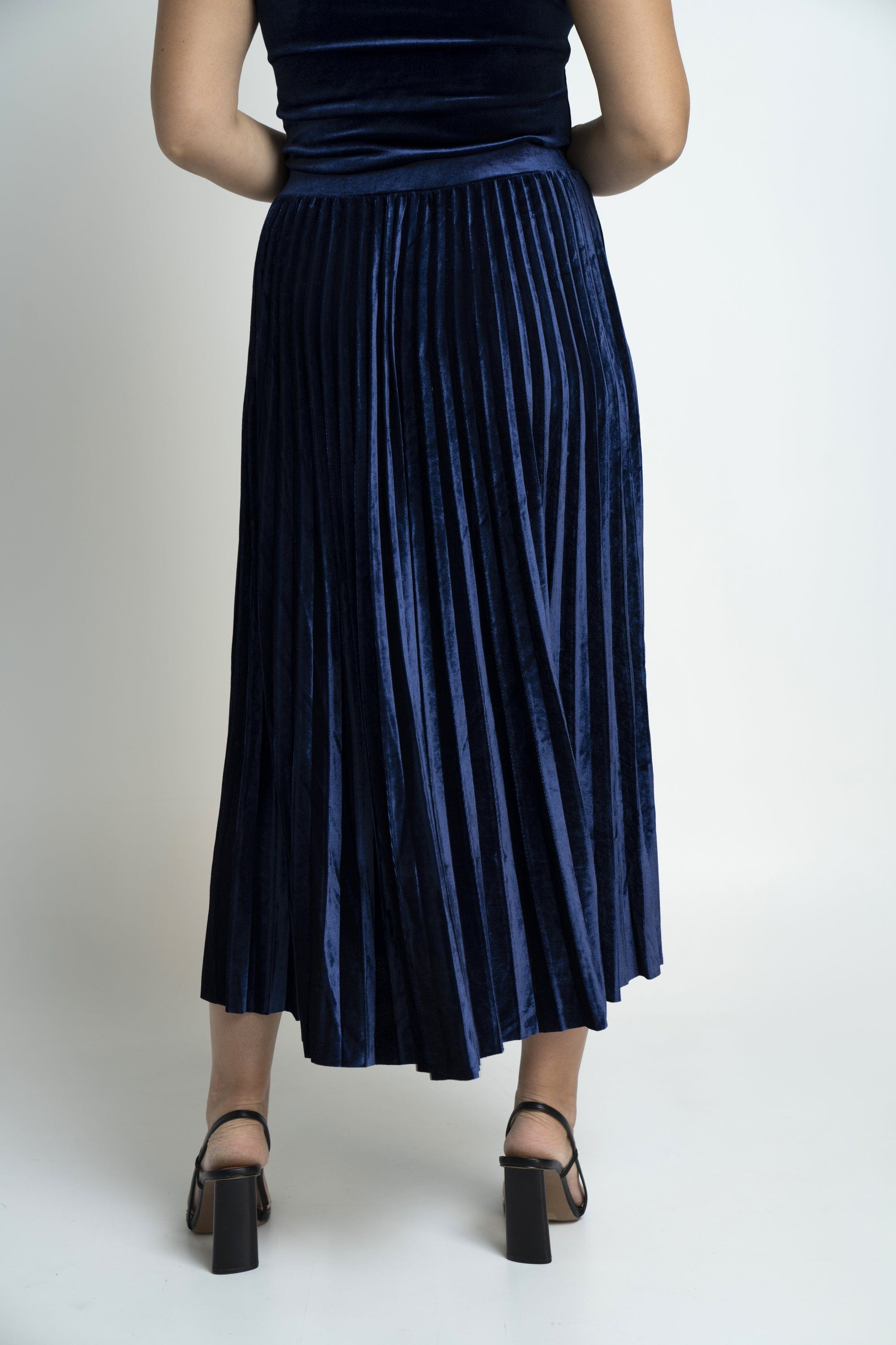 نتشي تنورة ميدي بليسيه خصر مرتفع واسع نسائي أزرق داكن