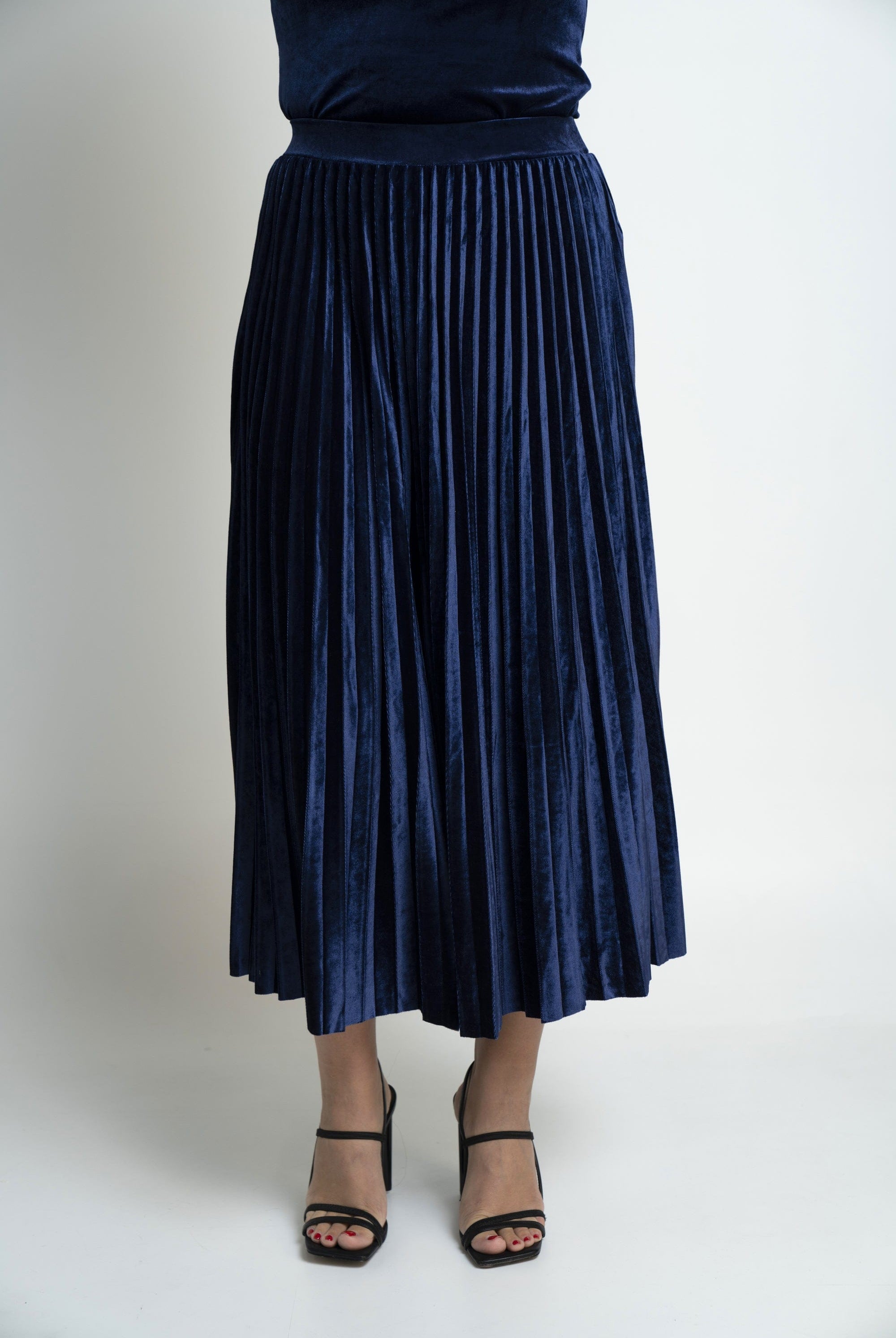 نتشي تنورة ميدي بليسيه خصر مرتفع واسع نسائي أزرق داكن