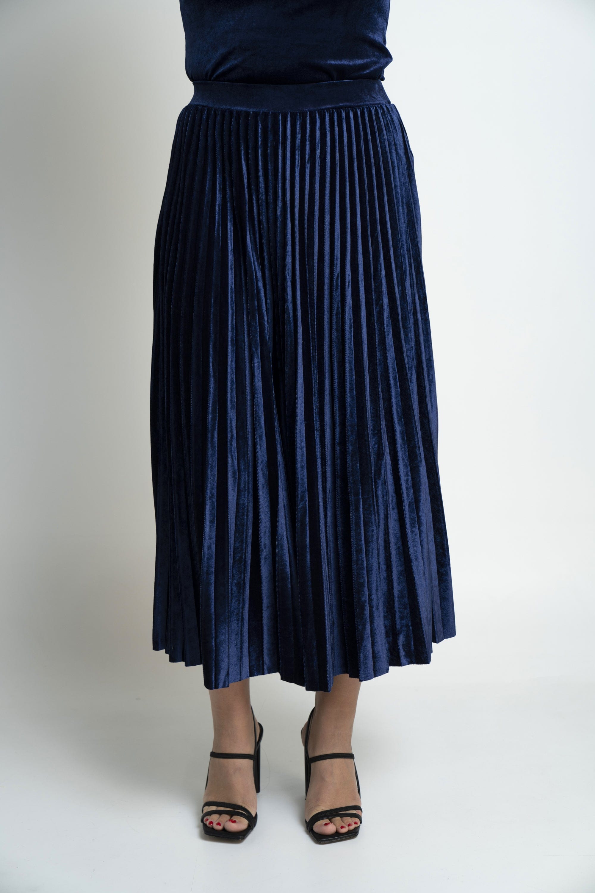 نتشي تنورة ميدي بليسيه خصر مرتفع واسع نسائي أزرق داكن