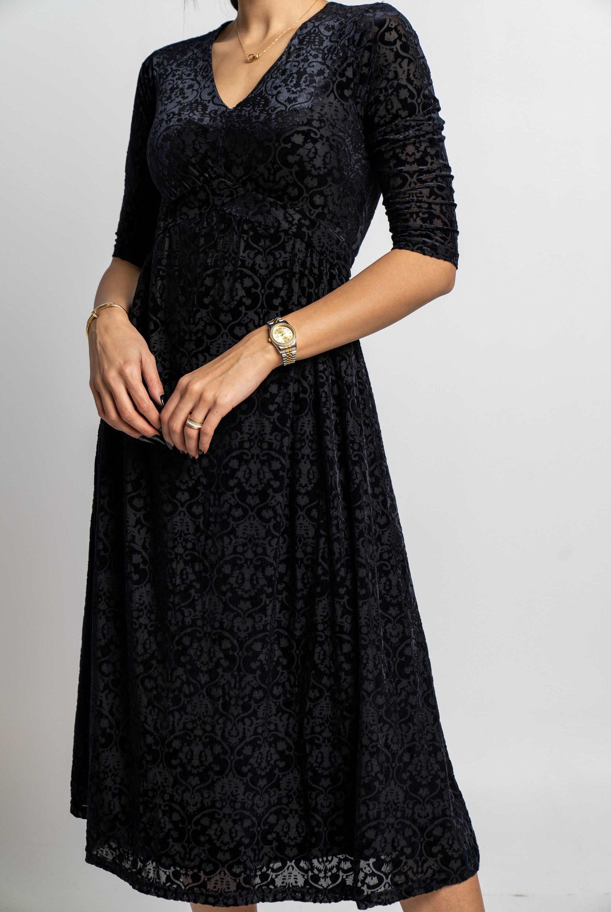 فستان ميدي بأكمام 3/4 نص كم منقوش