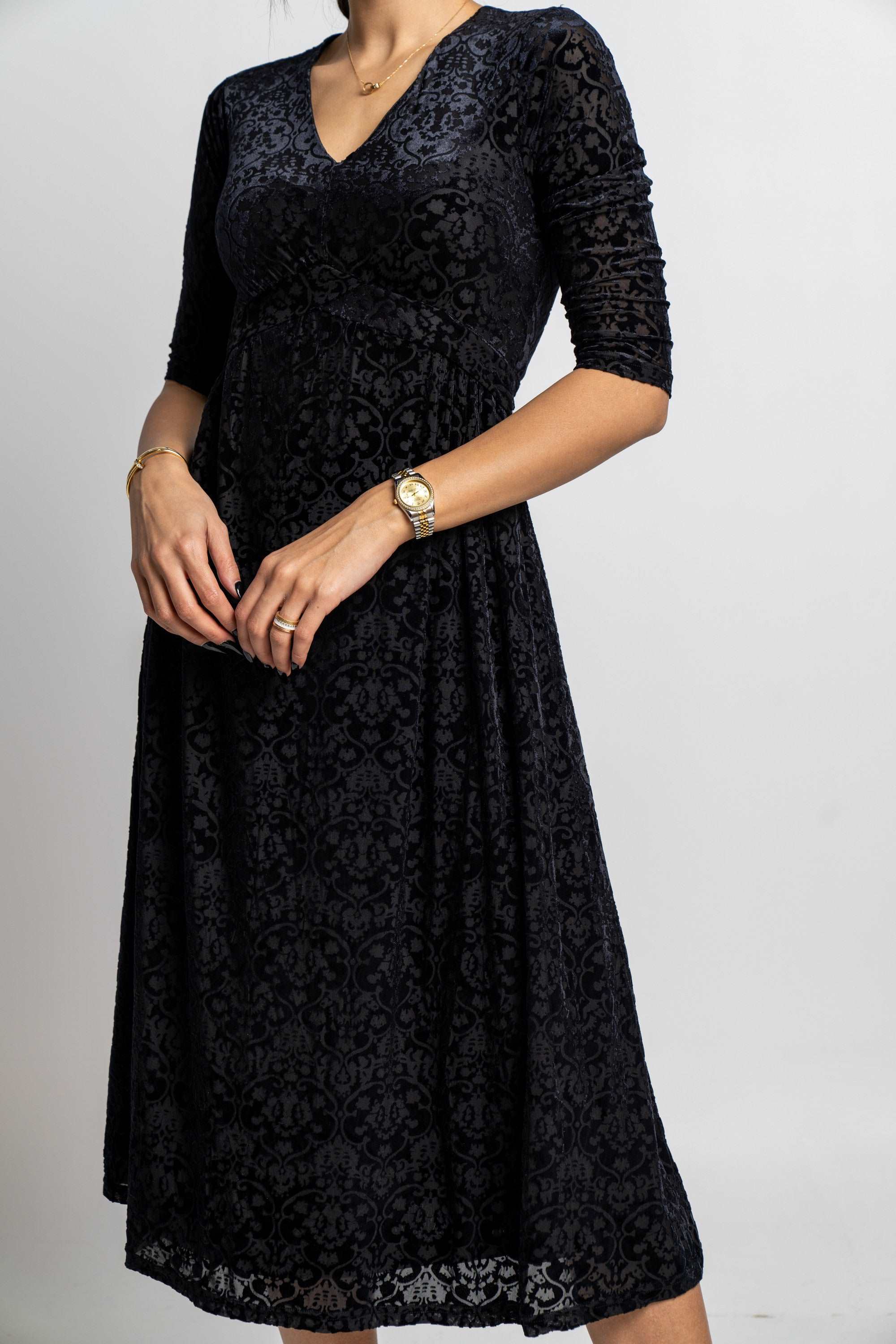 فستان ميدي بأكمام 3/4 نص كم منقوش