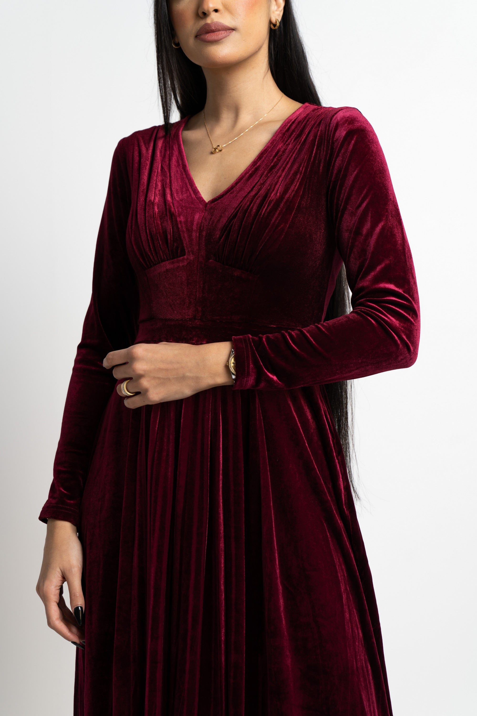 نتشي فستان ميدي سادة مخصر كم طويل نسائي