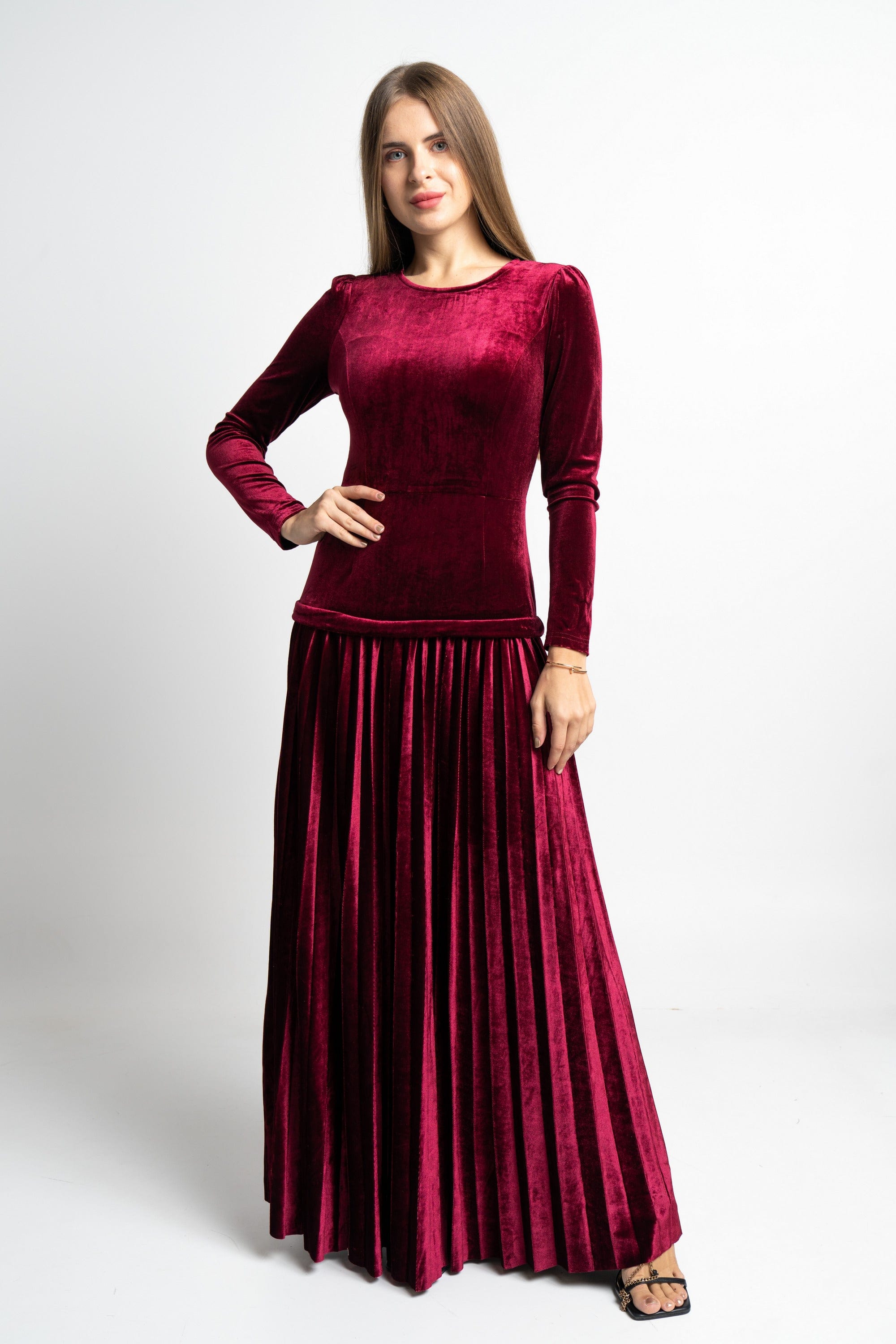 نتشي فستان ماكسي كم طويل سادة مخصر نسائي