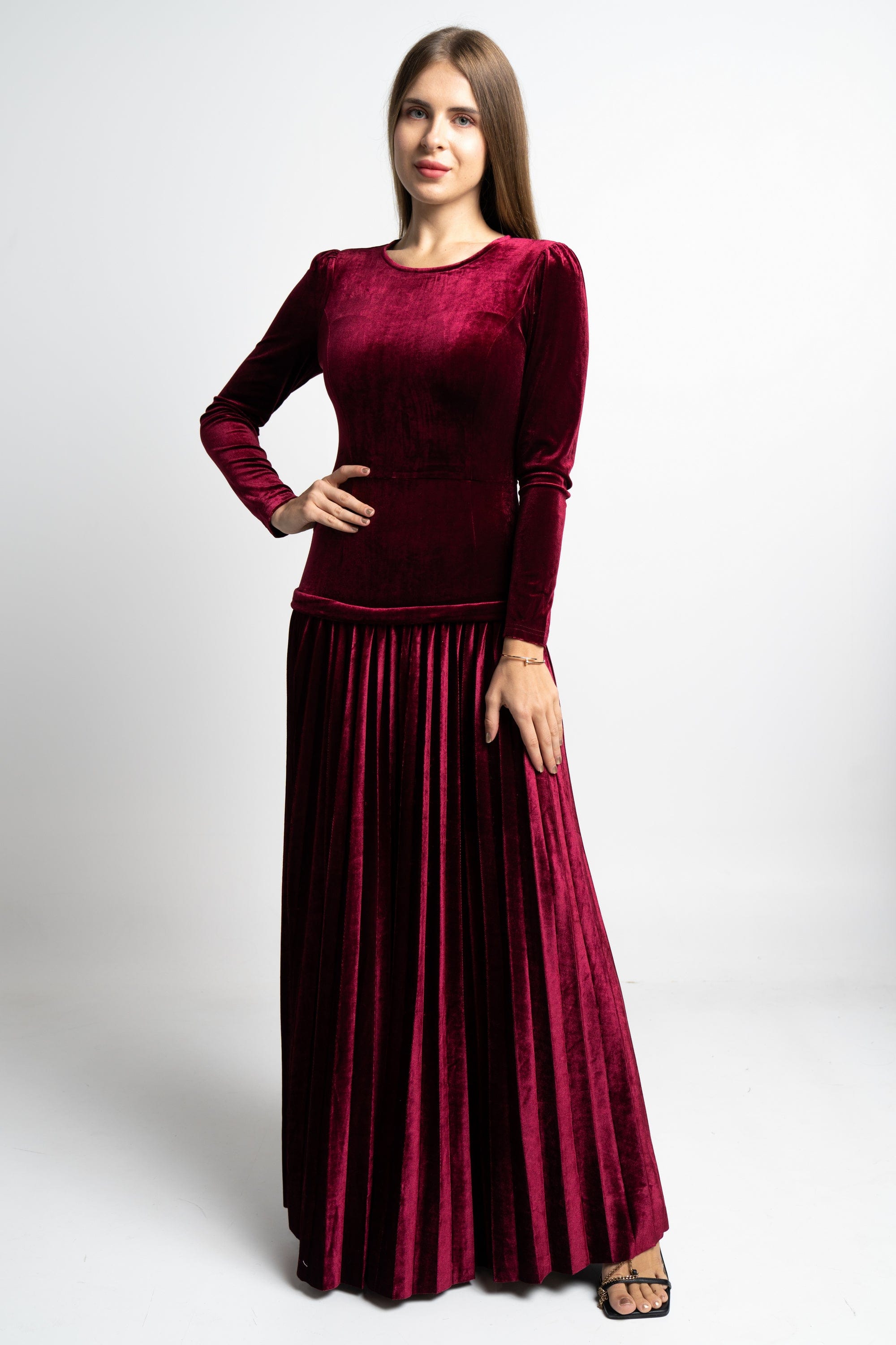 نتشي فستان ماكسي كم طويل سادة مخصر نسائي