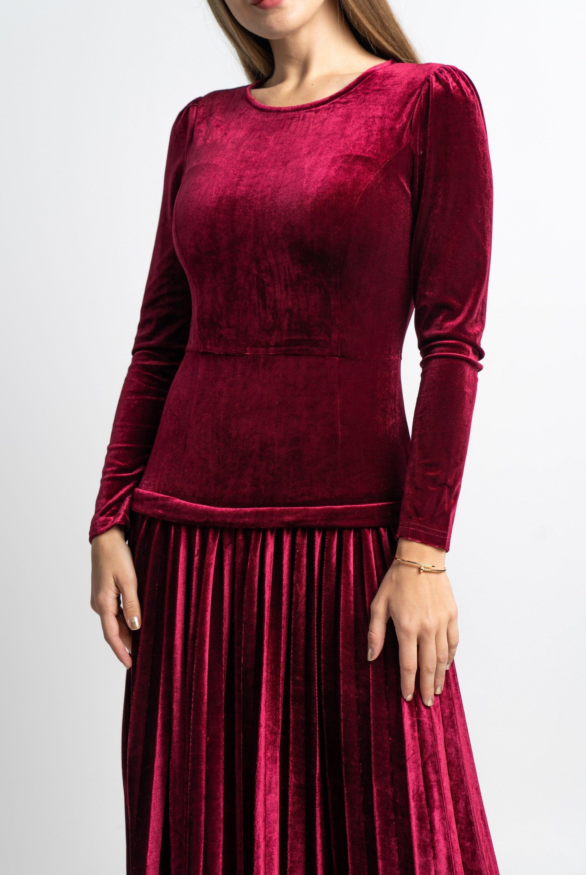 نتشي فستان ماكسي كم طويل سادة مخصر نسائي