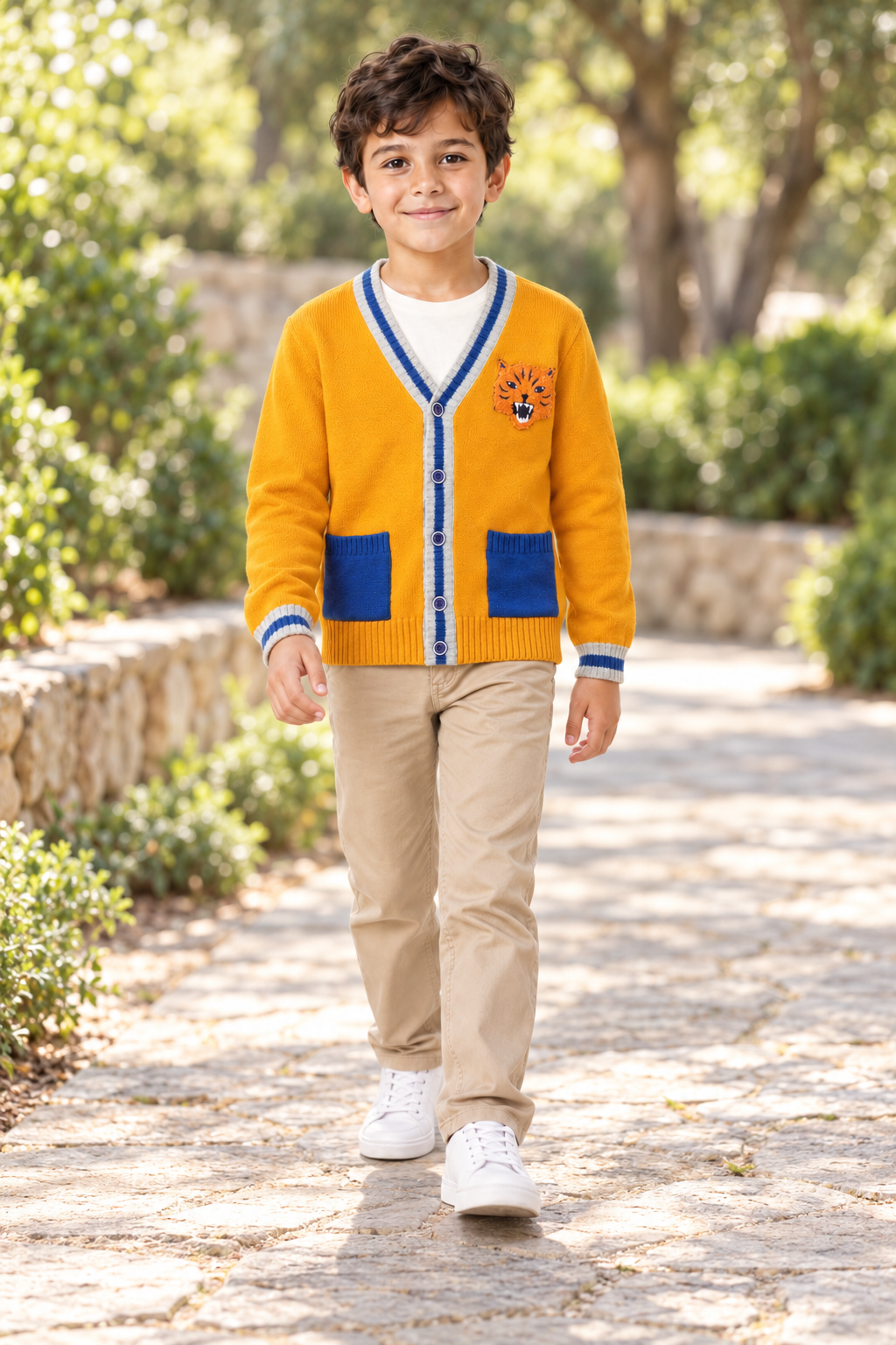 كارديجان ولادي منسوج بطبعة نمر, yellow, lifestyle model view