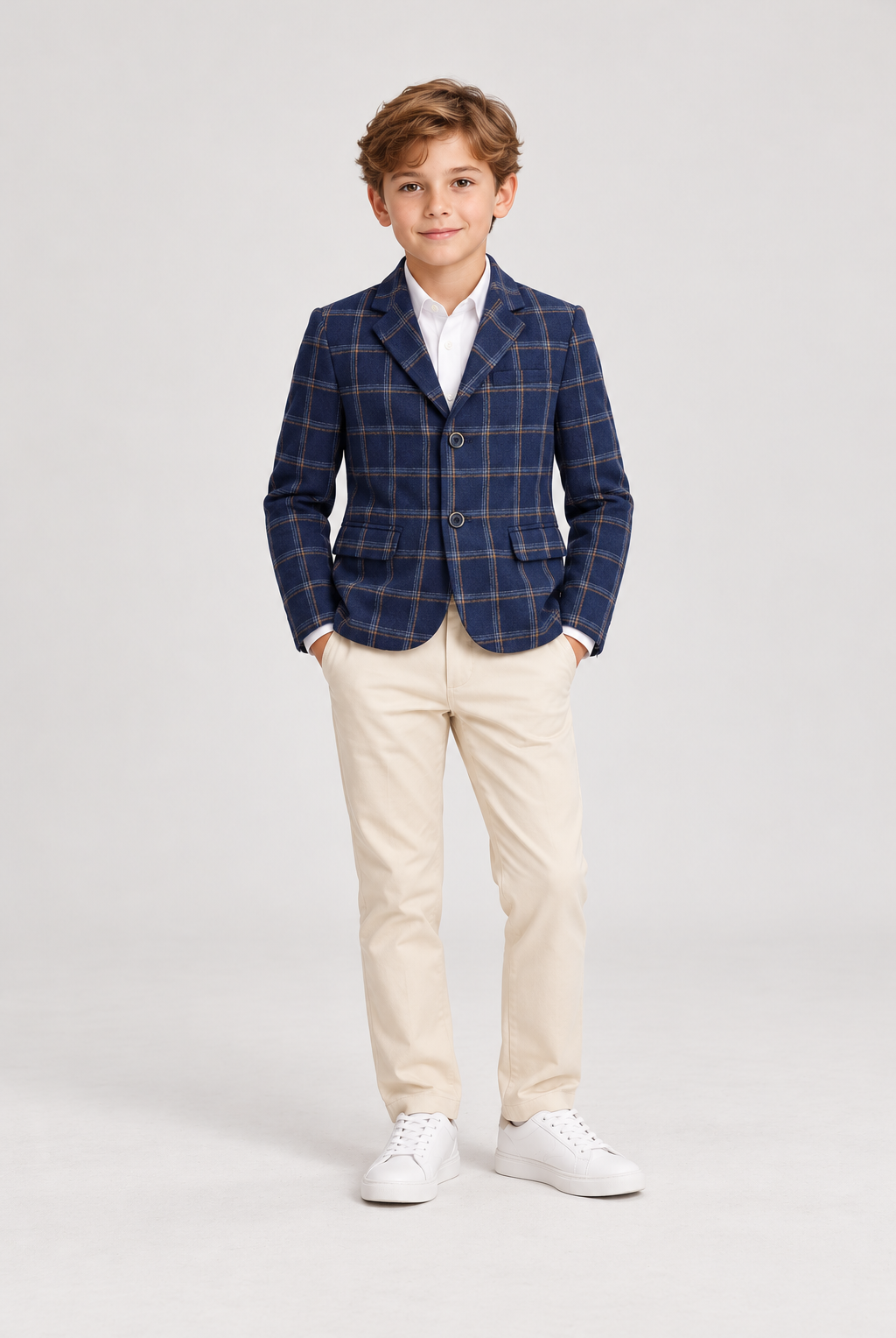 Front model view of Gingersnaps boys navy plaid blazer