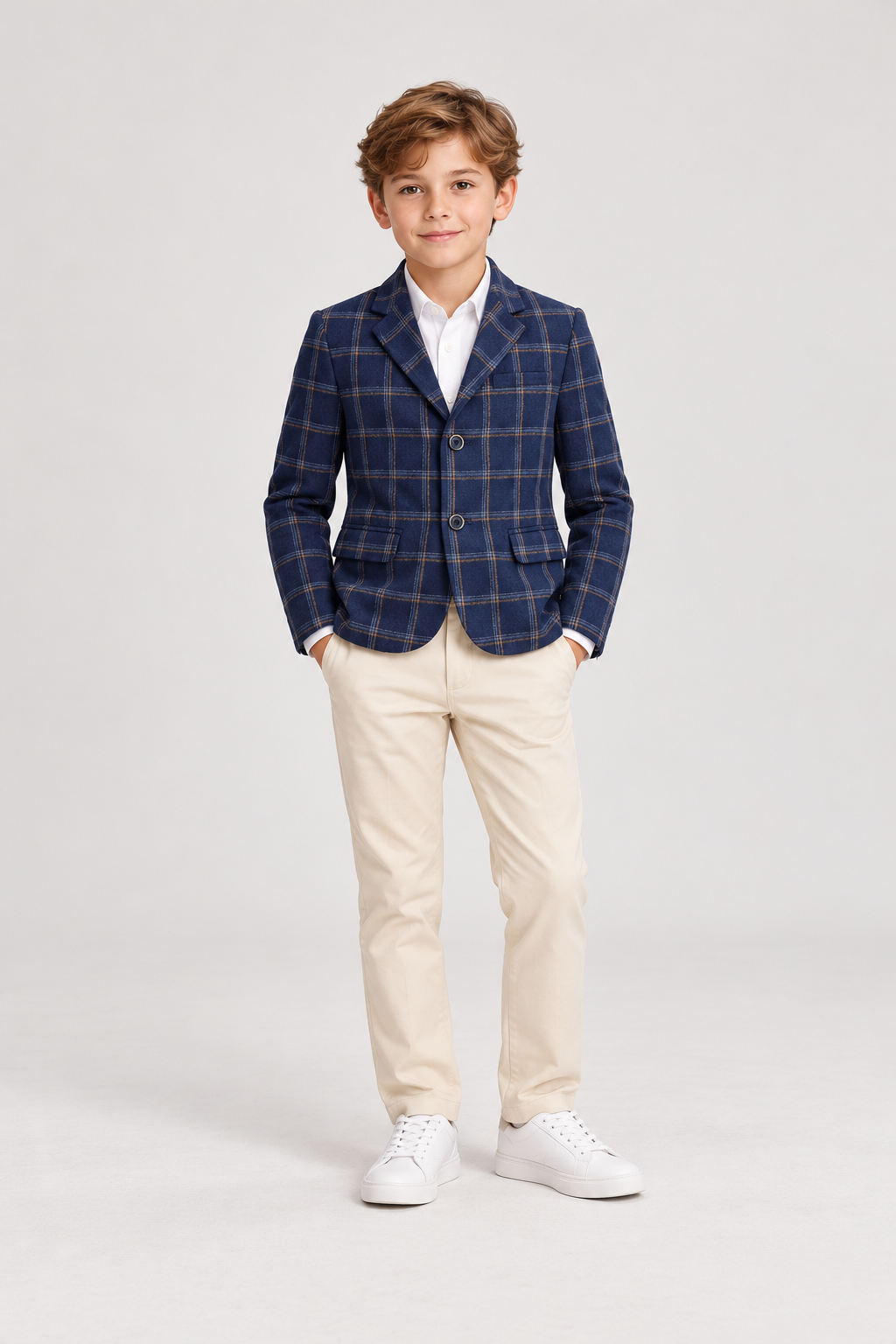 Front model view of Gingersnaps boys navy plaid blazer