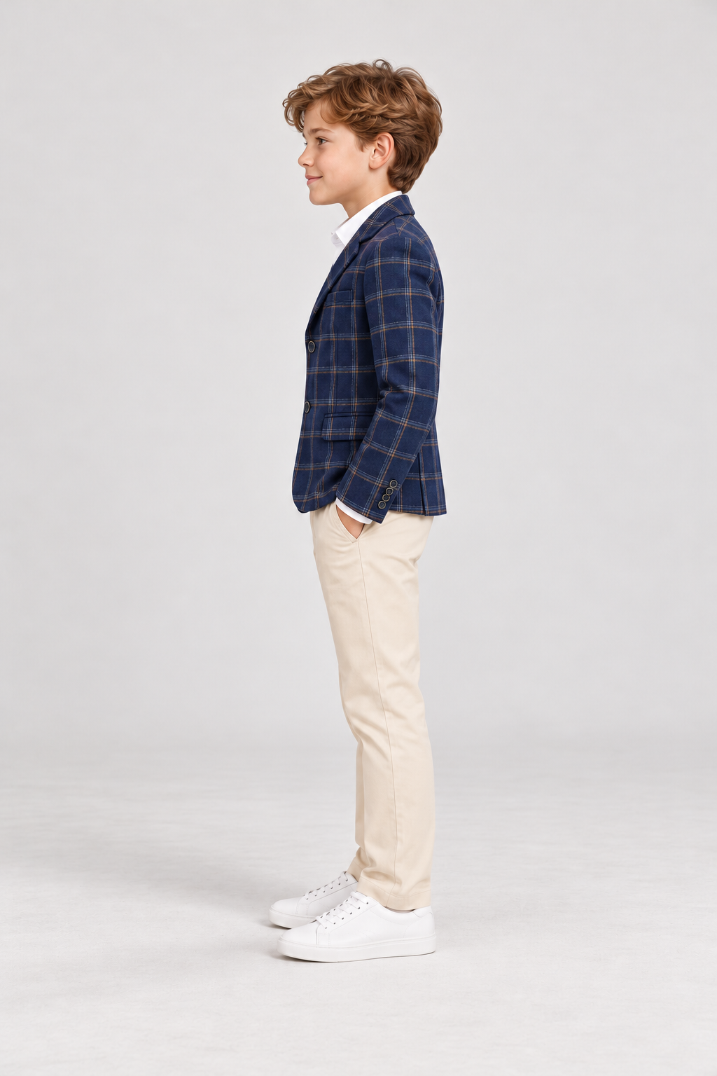 Left model view of Gingersnaps boys navy plaid blazer